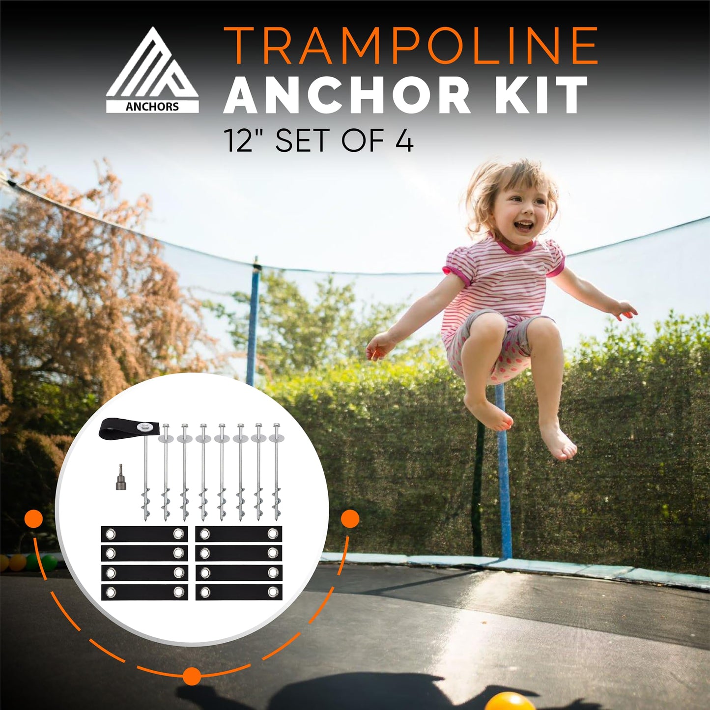 Trampoline Anchors High Wind Heavy Duty - 12" Set of 8 - Trampoline Anchor Kit - Trampoline Stakes Anchors High Wind - Ground Anchors Heavy Duty - Trampoline Wind Stakes - Ground Stakes Heavy Duty