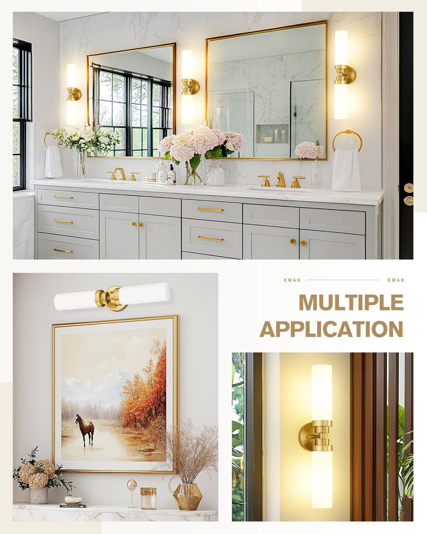 Emak Modern 22 Inch Bathroom Light Fixtures Over Mirror, Brushed Gold Vanity Light Bar with Milk Glass Shade, 2-Light Bathroom Wall Sconce, VL085-BGD-ML-2