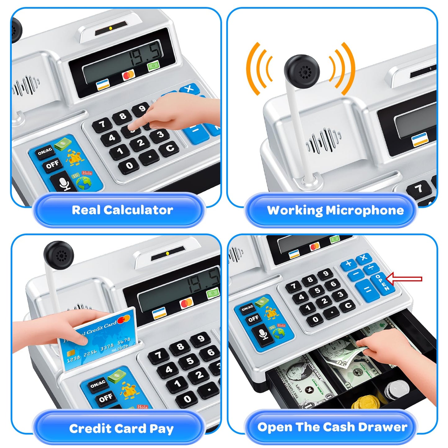 Calculator Cash Register Toy Gift for Kids Age 3, 4, 5, 6, 7, 8+ Year Old, 103 Pcs Pretend Grocery Store Playset with Toy Cash, Microphone, Credit Card, Play Cash Register for Toddlers 4-8, Silvery