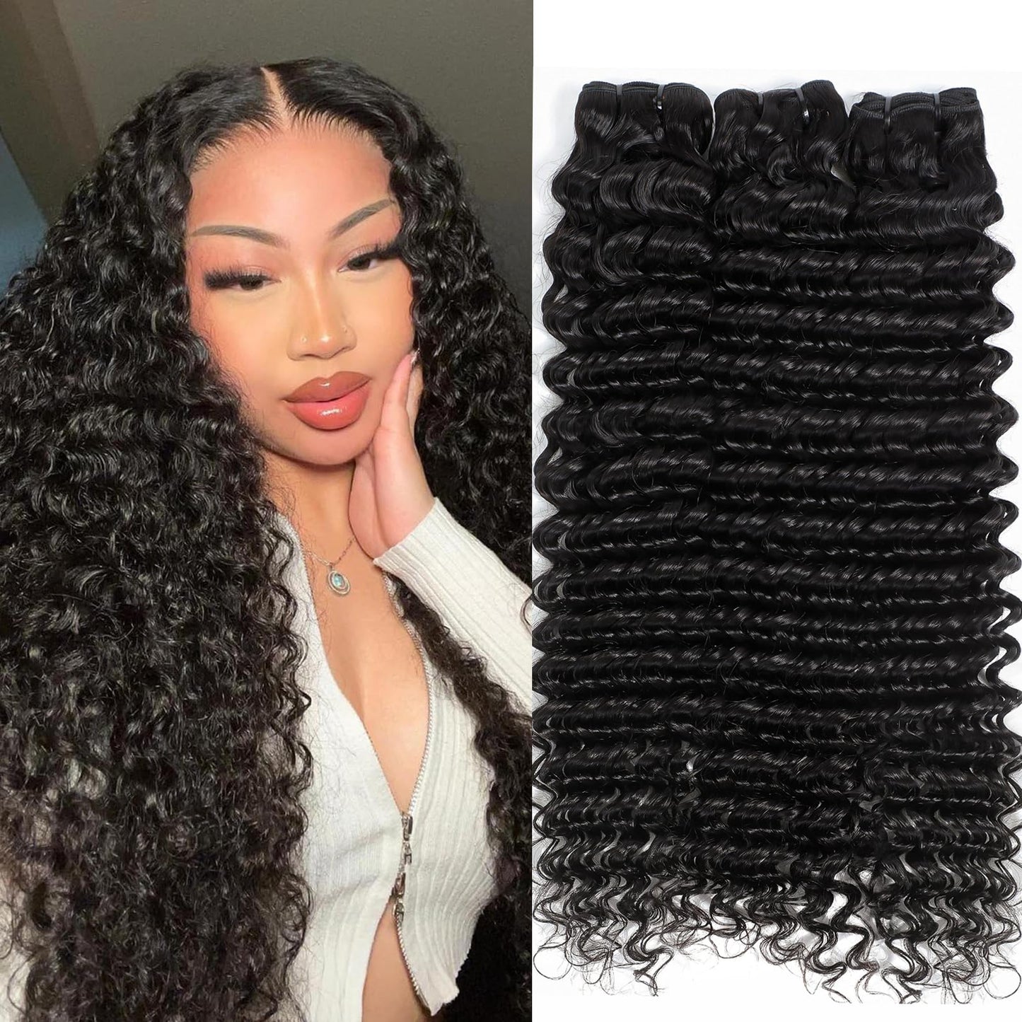msVenus 12A Deep Wave Bundles Human Hair 20 22 24 Inches, 100% Unprocessed Indian Human Hair Bundles Wet and Wavy Raw Virgin Hair 3 Bundles Deal Curly Weave Bundles(Natural Color, 20 22 24 Inches)
