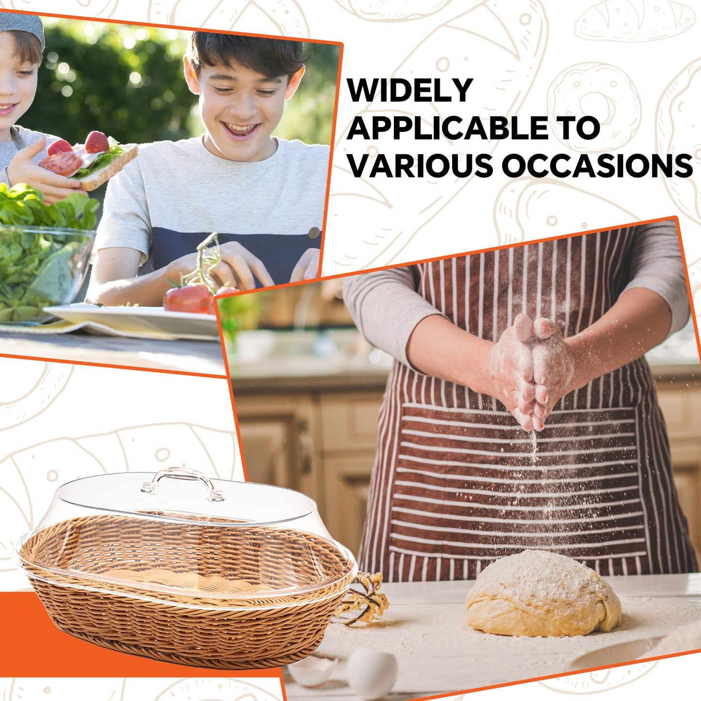 Rattan Bread Baskets, 2 Pack, Oval Woven Baskets with Acrylic Lids, 15.75 x 11.81 inches, Stainless Steel Tongs, Lace Doilies, for Bread, Fruit, Food Display