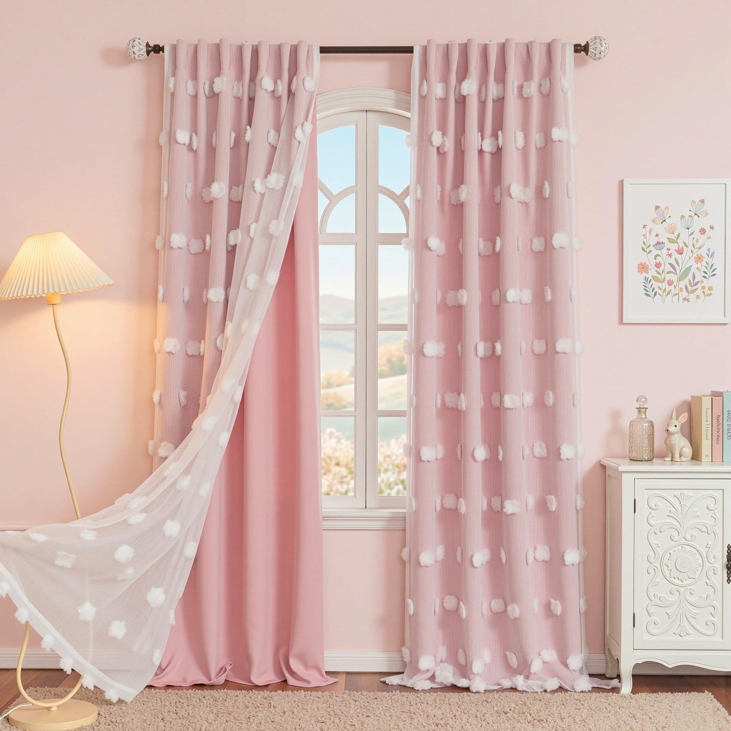 MYSKY HOME Pink Curtains for Girls Room 84 Inches Long Nursery Curtains Girl for Kids Room Double Layer White Pom Pom Sheer Living Room Darkening Window Drapes Back Tab, W52 X L84, 2 Pieces