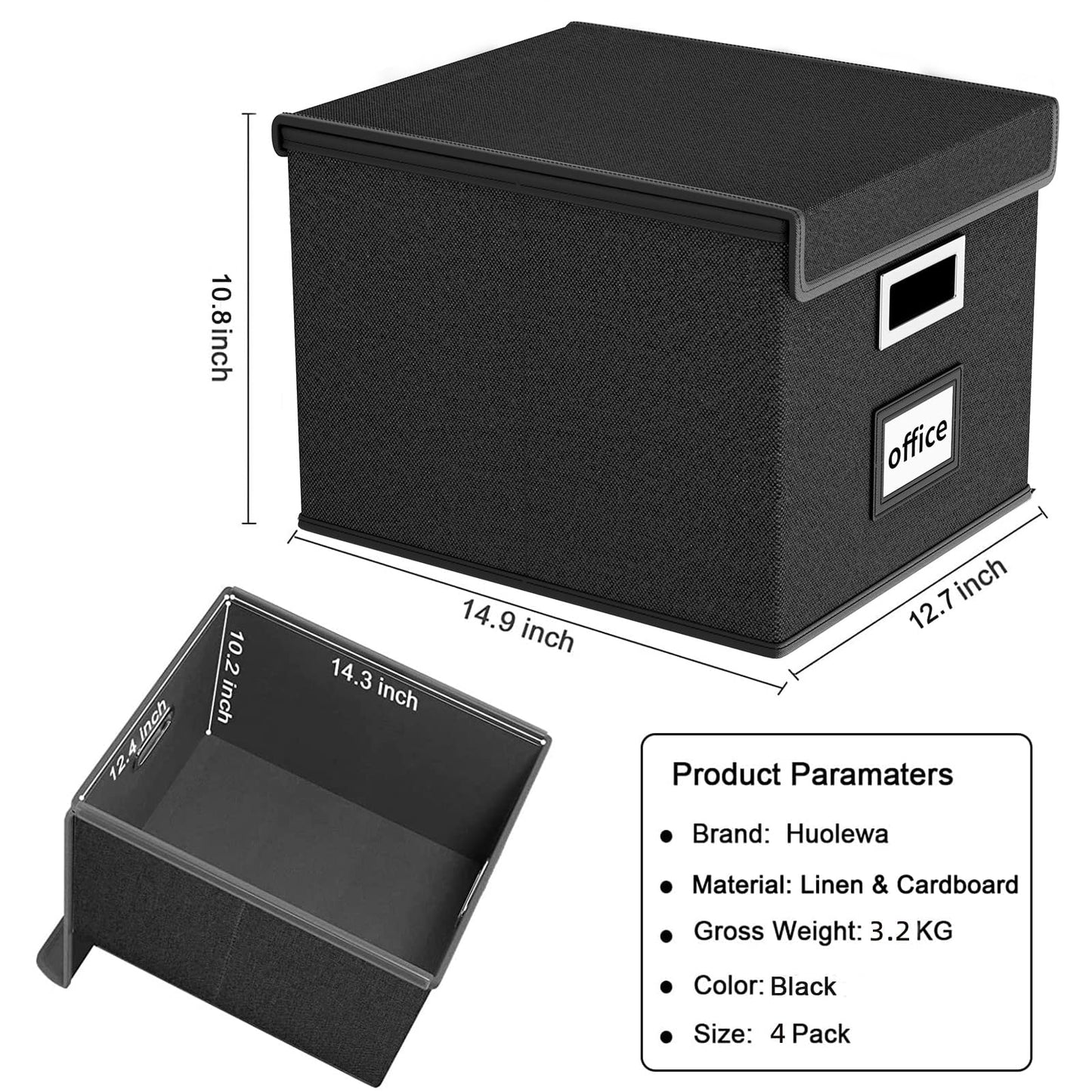 Huolewa New Portable File Organizer Boxes Set of 4, Collapsible Linen Hanging Filing Storage Boxes with Plastic Slide, Decorative Home/Office Filing System for File and Folders Storage (Black)