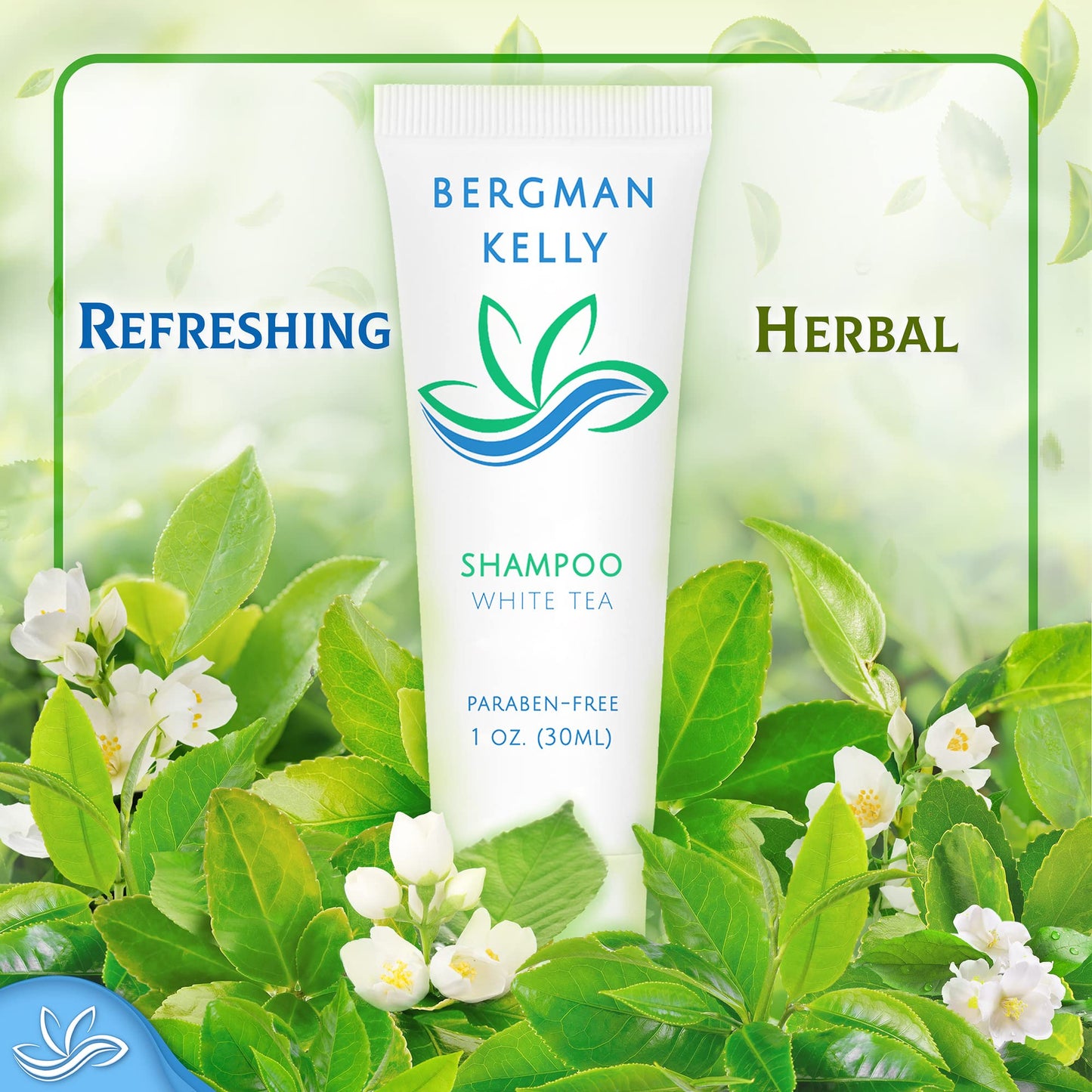 BERGMAN KELLY - Travel Size Hotel Shampoo - 1 fl oz, 100 PK, White Tea - Delight Your Guests with Revitalizing & Refreshing Hair Cleanser for Guest Hospitality - Mini & Small Size Shampoo in Bulk