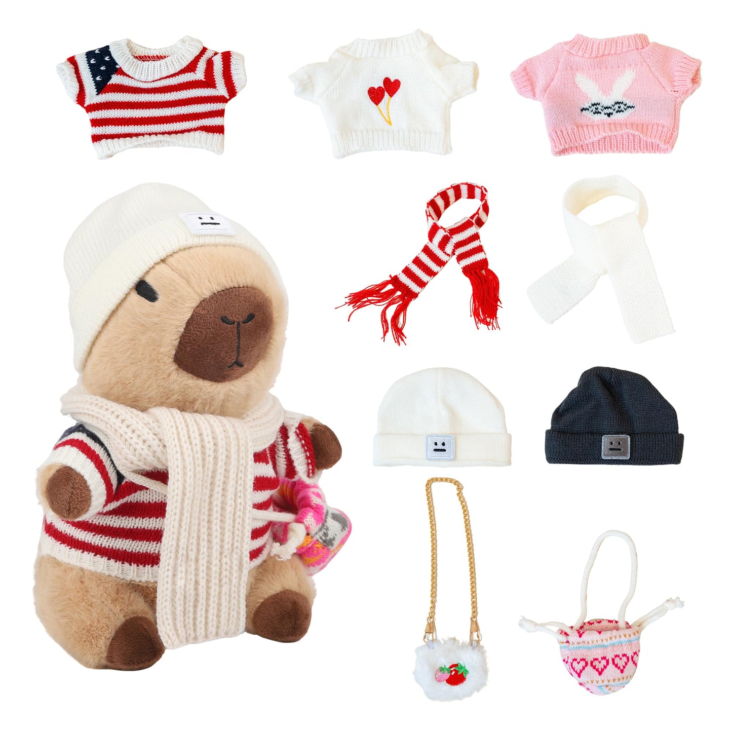 WAKSUN Capybara Plush for Boys Girls Birthday Dress Up Cute Plushies,10 Pcs Set,9 Clothes and Accessories Kawaii Stuffed Animal Plushie Toy, Soft Peluche Doll for Kids 10.2 in