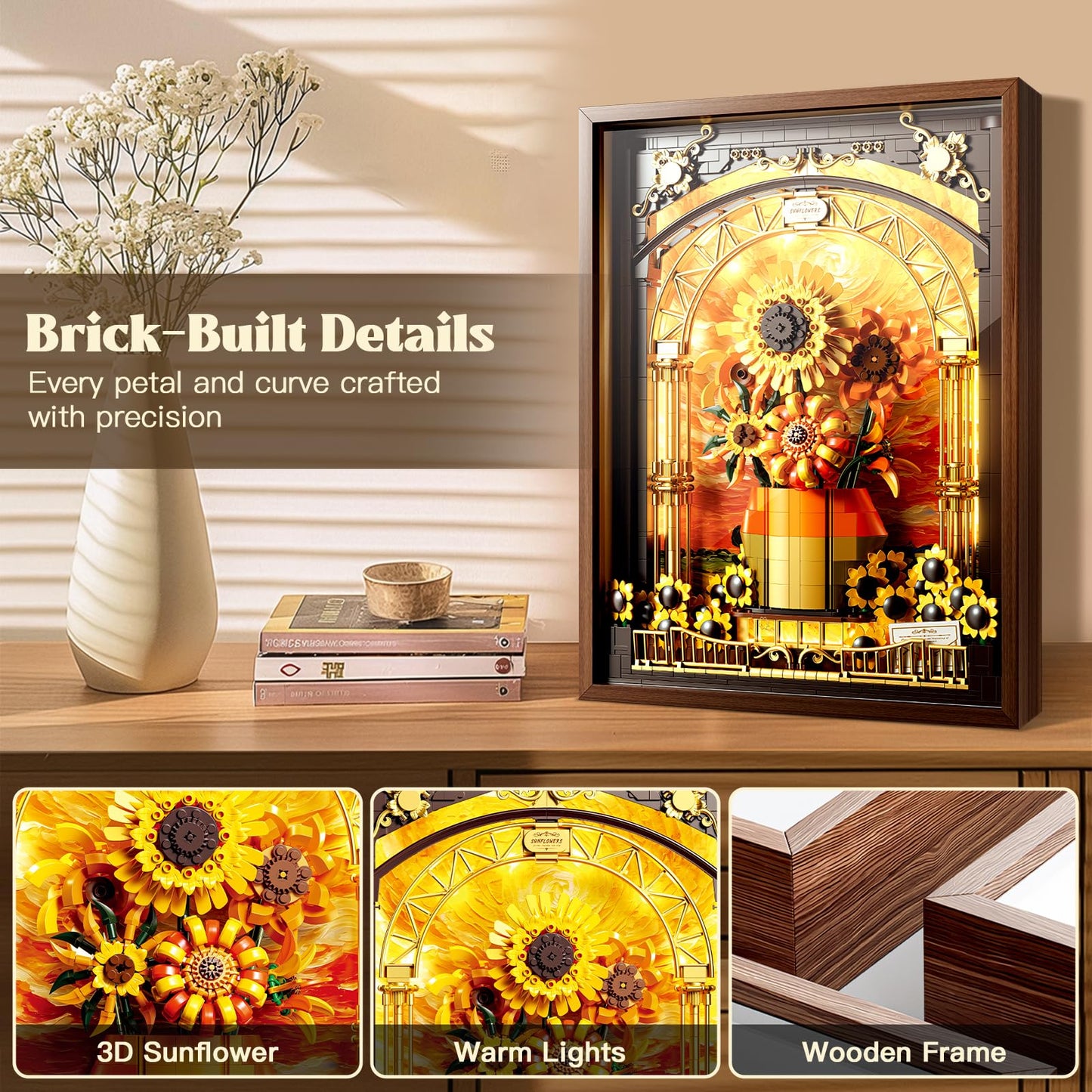 Flowers Sunflower Building Set for Adults 1218PCS with Smart Motion Sensor Lights Wall Art Home Decor Frame 2-in-1 Hanging or Standing Display LEGO Compatible Creative Botanical Gift for 14+ Women Men
