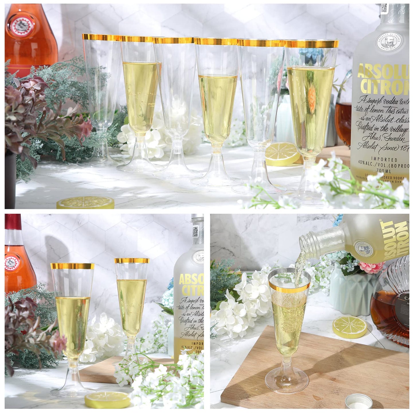 150 Pcs Gold Plastic Champagne Flutes - Clear Disposable Crystal Wine Glasses for Wedding Toasting, Party Cocktail Cups