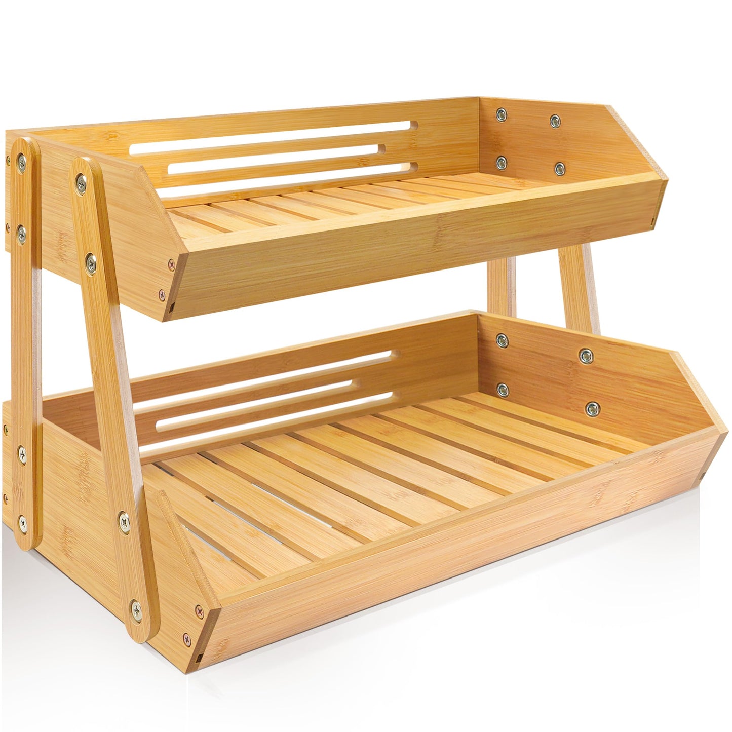 [Upgraded Length] 16.5-Inch Fruit Stand Storage Holder with 4 Sturdier Legs, 2-Tier Fruit Basket , Bamboo Fruit Bowl Holder for Fruit,Vegetables,Bread, Snacks, Home Kitchen Countertop Organizer