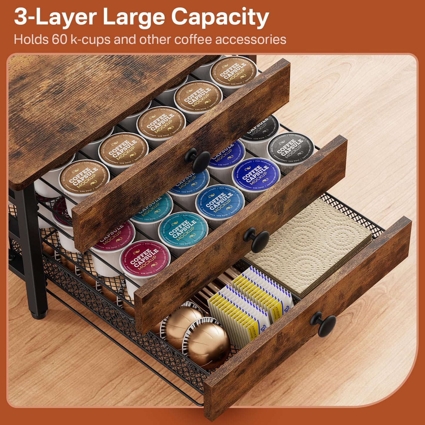 Coffee Pod Holder for Countertop, 3 Tier K Cup Holder Drawer, Coffee Bar Organizer 60 Coffee Pods Storage Organizer with Sliding Drawer for Coffee Station