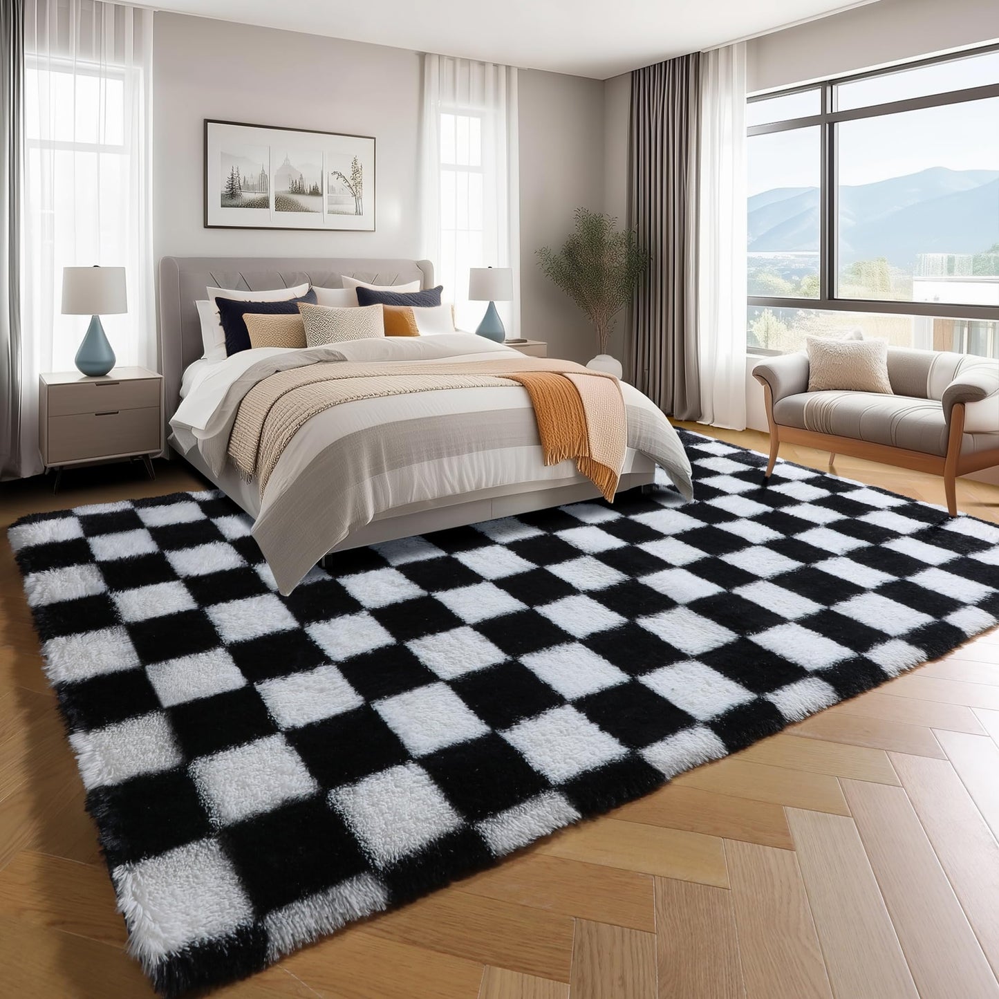 KICMOR 5x7 Rug for Living Room Bedroom, Fluffy Black and White Area Rug Fuzzy Shaggy Floor Carpets, Big Large Soft Plush Checkered Rugs for Kids Girls Boys Room Dorm Nursery, Home Decor Aesthetic