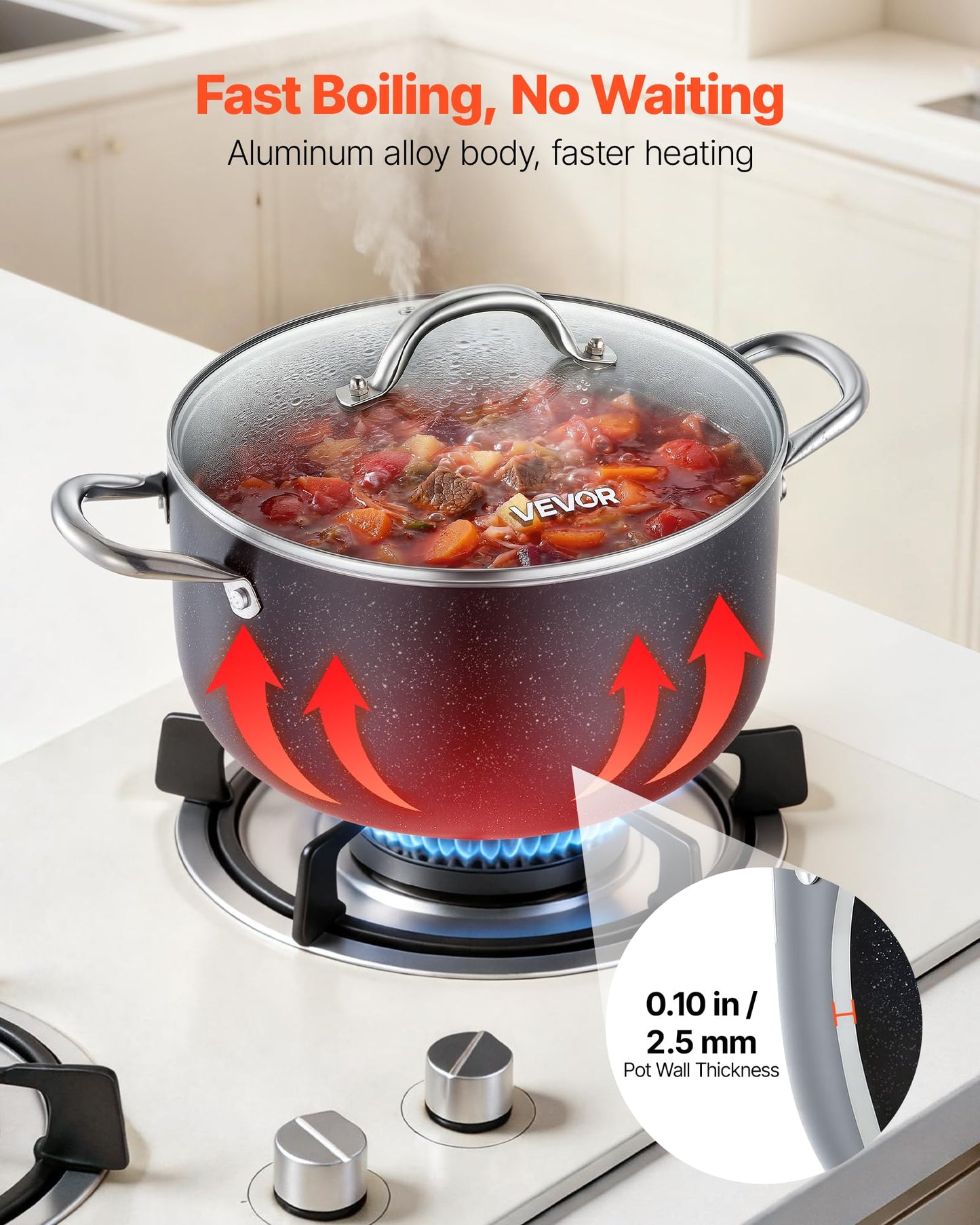 VEVOR Aluminum Stock Pot, 8-Quart Nonstick Ceramic Coated Pot with Glass Lid, PFOA-Free, PFAS-Free, Compatible with Gas Stoves, Induction Cooktops, Electric Stoves, for Soups, Stews, and Pasta