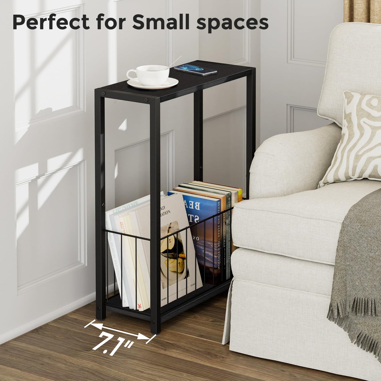 Homleke Narrow Side Tables Set of 2 with Magazine Holder, Skinny End Tables Perfect for Small Spaces, Space-Saving Design for Living Room, Bedroom, or Office, 7.1" D x 16.9" W x 23.6" H, Black