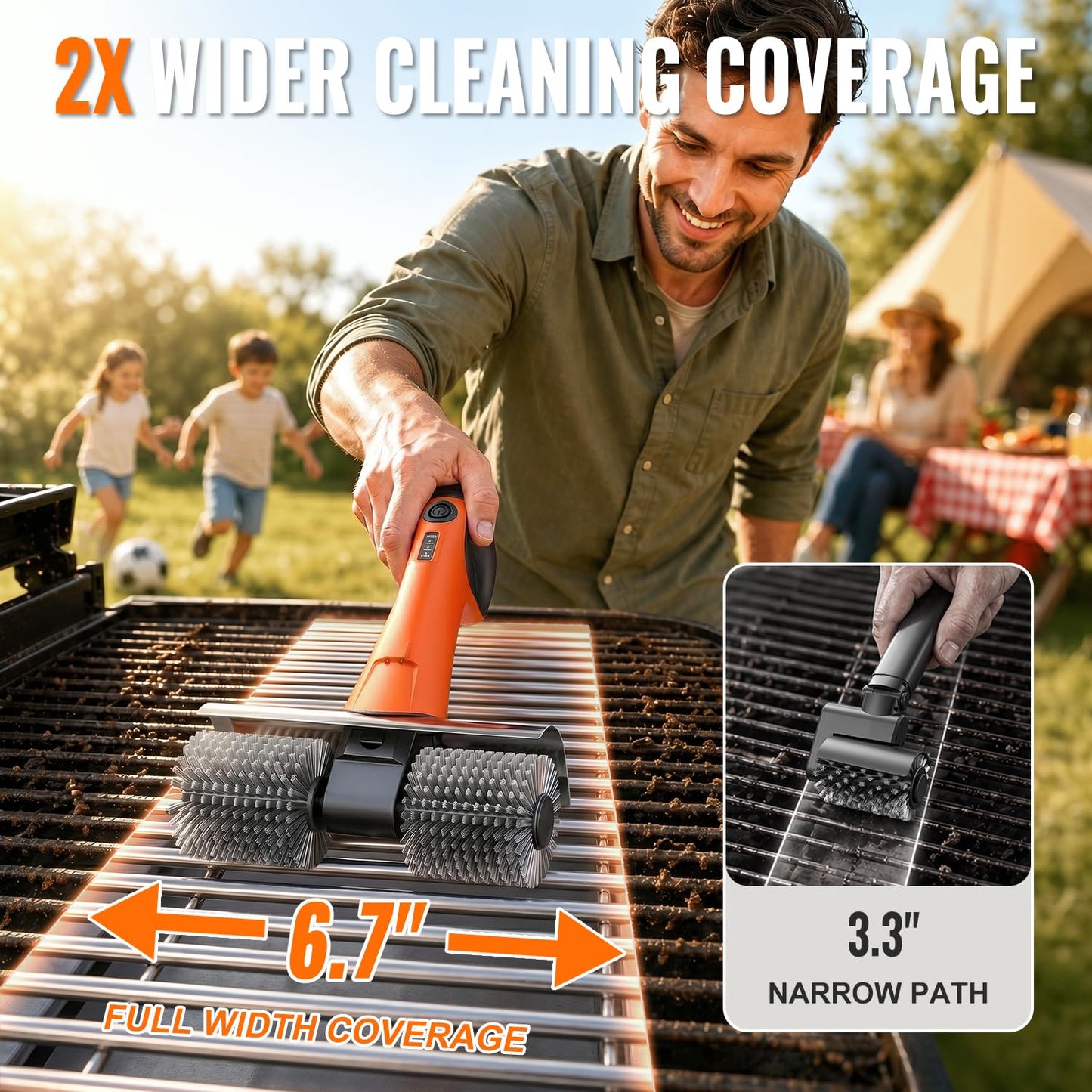 Electric Grill Brush - Dual Rotating Heads Cordless BBQ Grill Cleaner, 450 RPM Motorized Power Grill Cleaning Brush with LED Light, 6-Piece Replaceable Brush Set Safe for Most Outdoor Grill Grates
