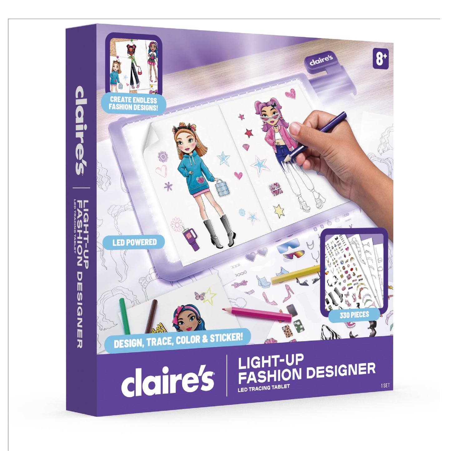 Claire’s Light-Up Fashion Designer LED Tracing Tablet – 330-Piece Design Kit with Templates, Stickers, Paper & Hidden Pencil Storage