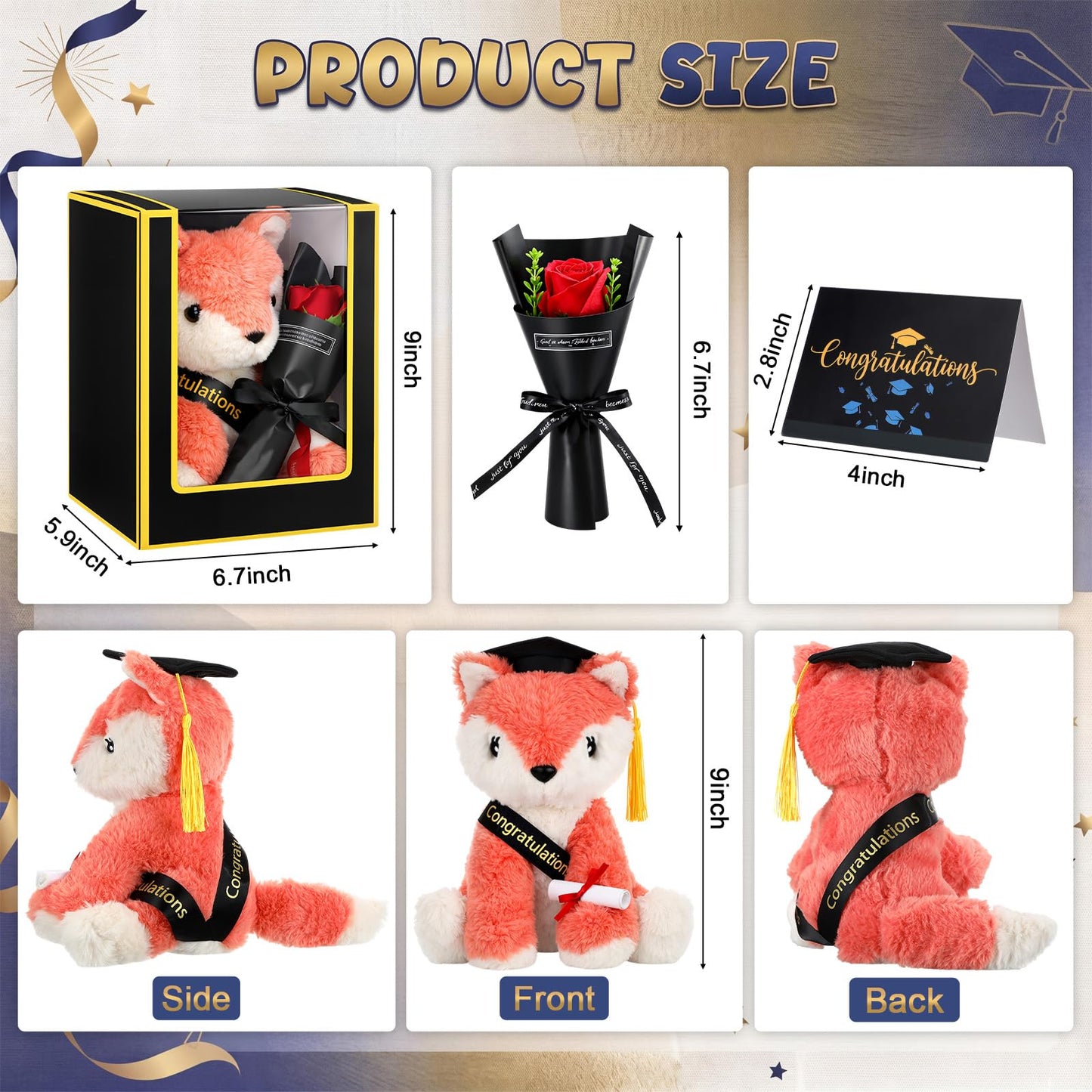 Hungdao Graduation Fox Plush Toy Gifts Set 8.6" Fox Stuffed Animal with Black Cap, Sash, Greeting Card and Artificial Rose for 2026 High School College Kindergarten Graduation Party Gifts