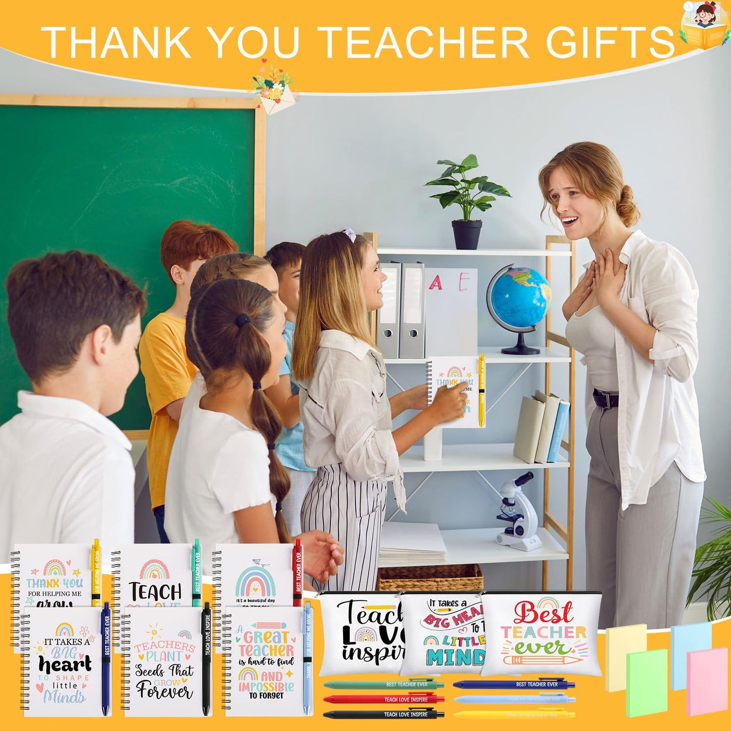 Resurhang 72 Pcs Teacher Appreciation Gifts Bulk Spiral Notebook Thank You Gifts for Women Includes Rainbow Wirebound Spiral Notebook Ballpoint Pen Makeup Bags Sticky Note for Teachers Gifts