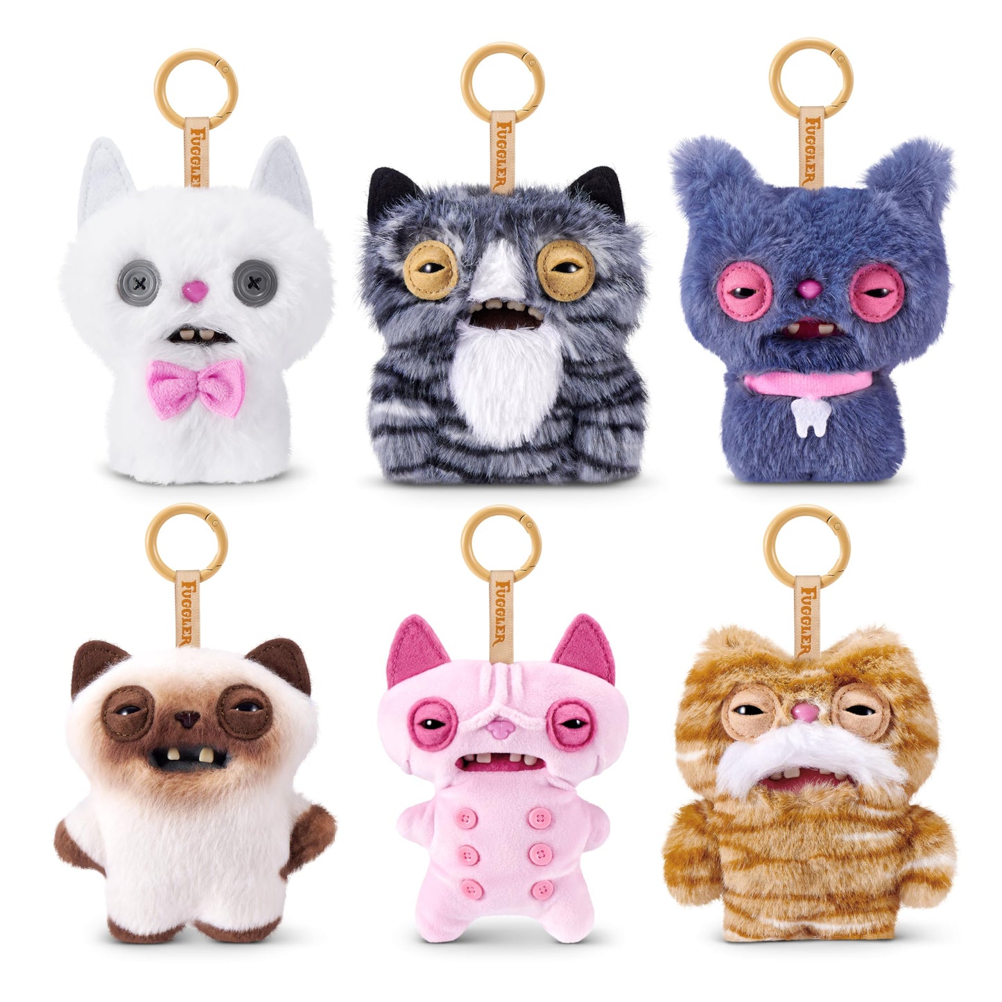Fuggler Alley Cat Keyring 5 Inch Plush Collectible (6 Pack) by ZURU Funny Ugly Monster Featuring Mischievous Alley Cat Design, Signature Teeth, and Clip-On Keychain for Keys and Backpacks