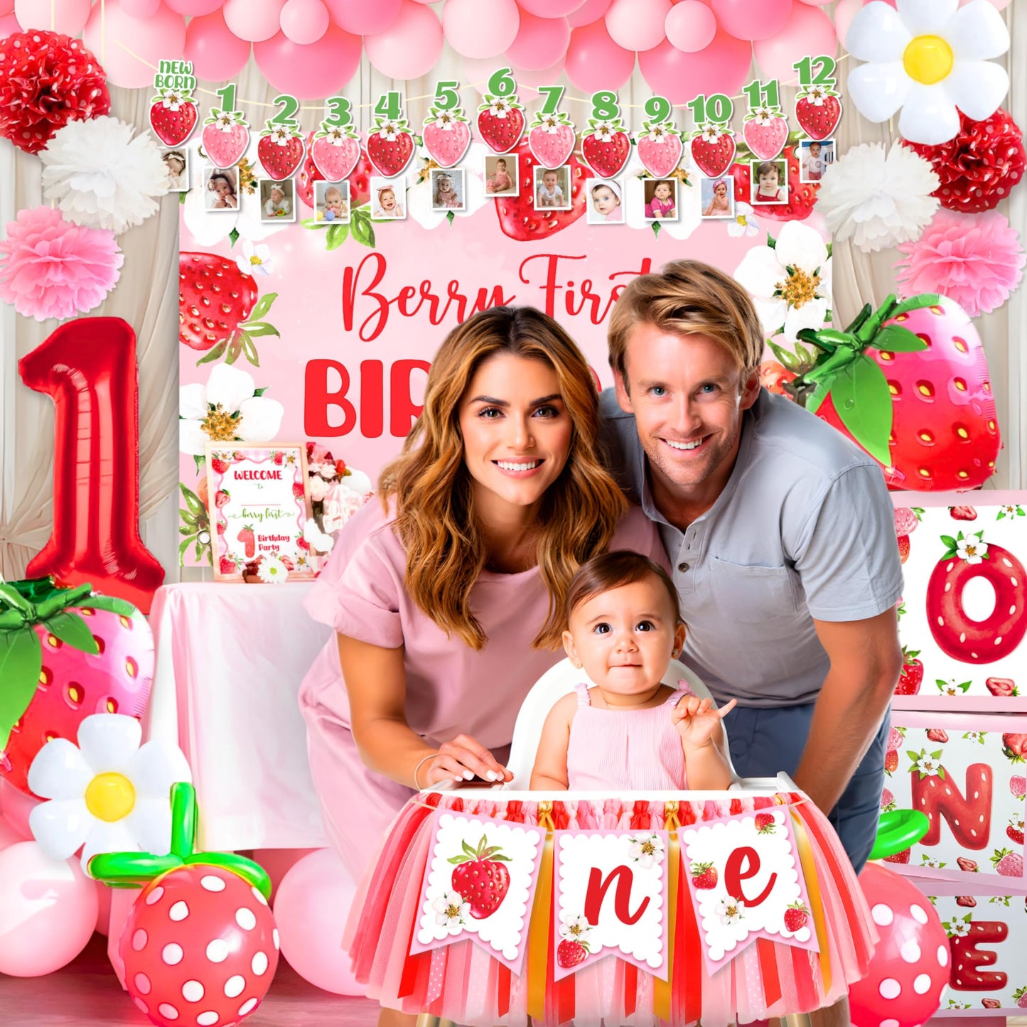 RainMeadow Premium Berry First Birthday Decorations Set - Strawberry 1st Birthday Decorations Girl with Banner, Balloons, High Chair Tutu, Cake Toppers, Milestone Garland & More for Baby Girls