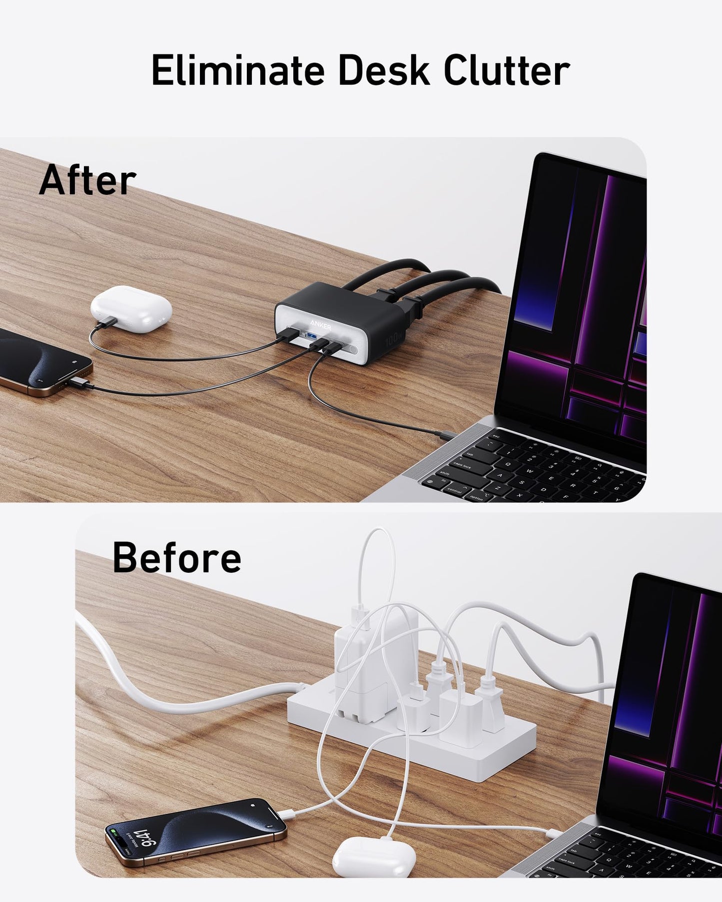 Anker Nano Charging Station(100W Max), 7-in-1 USB C Power Strip for iPhone 16/15/14 and MacBook Air/Pro, 5ft Thin Cord,3AC, 2USB A,2USB C,Power Delivery Desktop Accessory for Home&Office(Black)