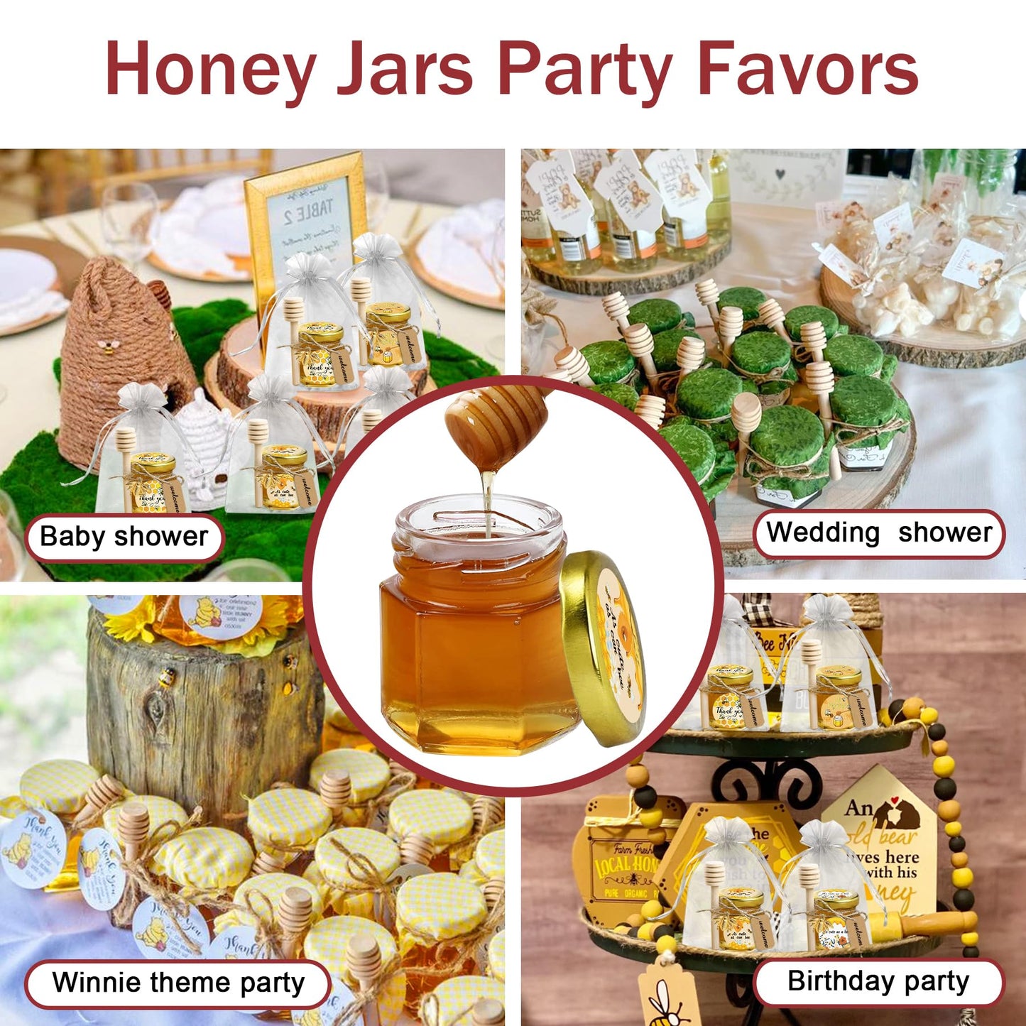 Aliggbent 96 Pack Mini Honey Jars Party Favors in Bulk, 1.5 oz Small Hexagon Glass Honey Jars with Dippers, Lids, Cute Stickers, Bee Charms, Gift Bags and Jute for Baby Showers, Weddings & Birthdays