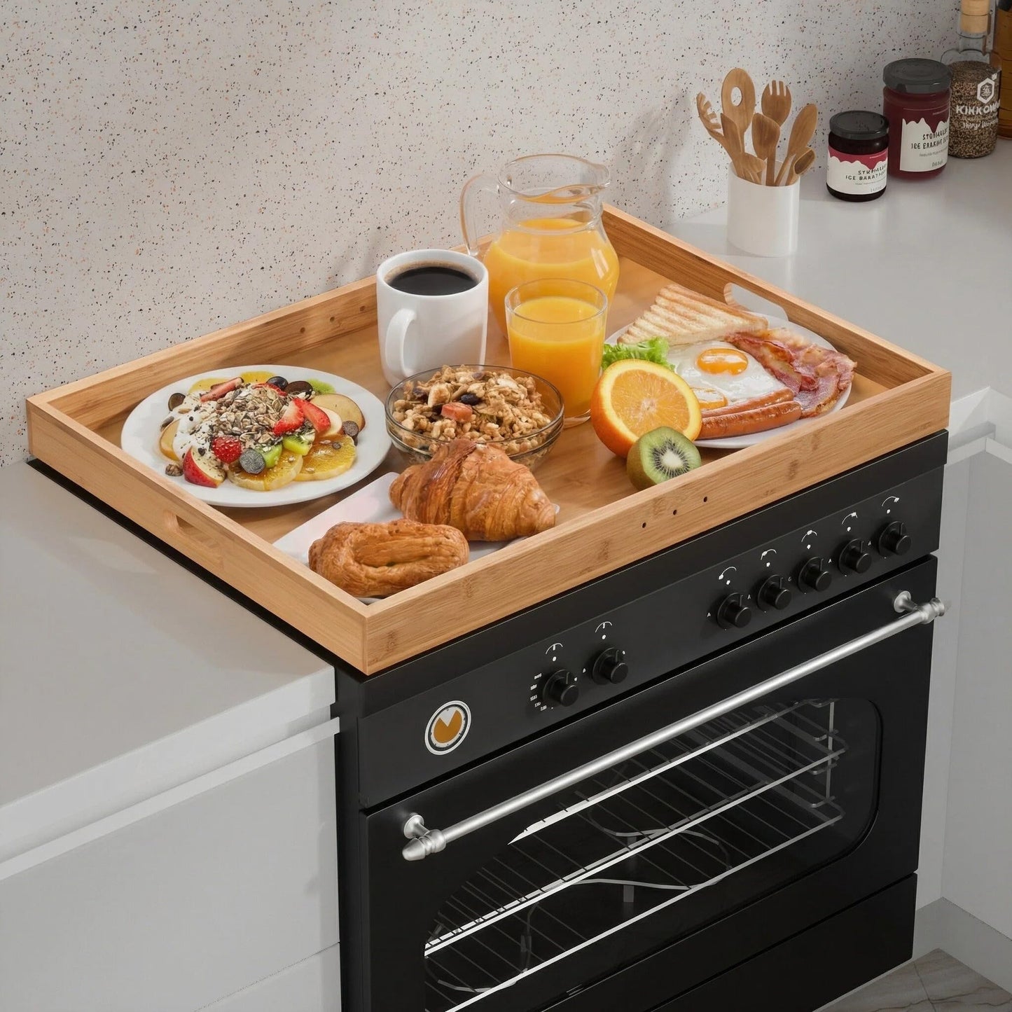 Buruis Acacia Wood Stove Cover for Gas & Electric Burners, 30”x22”x2.5” (Outer Size), Fits Stoves up to 28.8”x20.8” (Inner Size), Noodle Board with Handles & Juice Groove, (Natural Acacia)