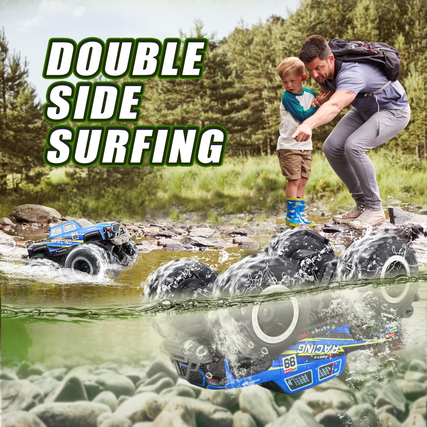 Calefwe Amphibious Remote Control Car, Monster Trucks for Boys Age 4-7, Monster Truck Toys W/Blocks & 360°Spin, 4WD All-Terrain Off-Road RC Cars with 2 Batteries 100 min, 2.4Ghz Pool Toy Gift for Kids