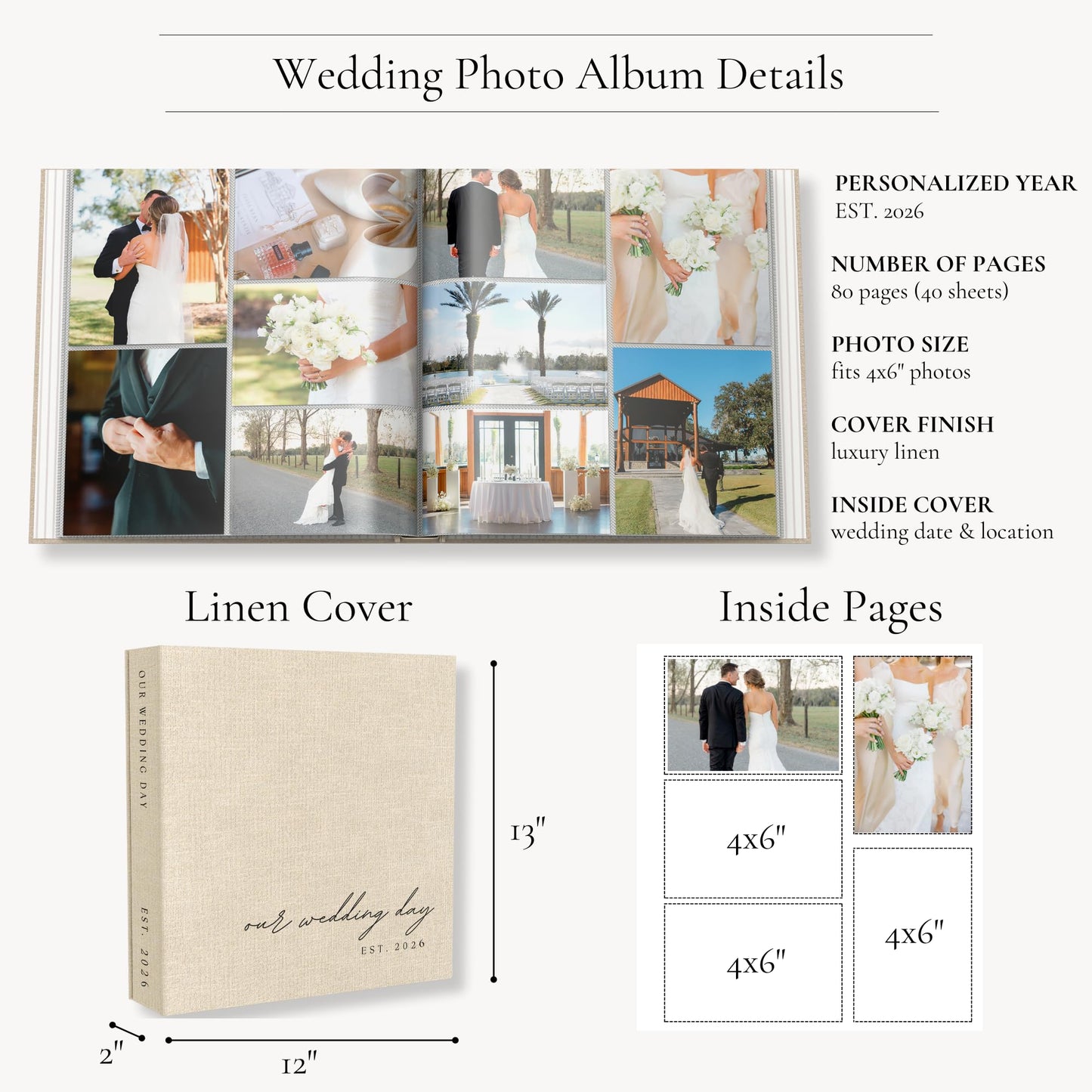 Wedding Photo Album 4x6 Pictures & Custom 2026 Year - Large Picture Scrapbook with 400 Pockets for Horizontal & Vertical Photos - Linen Photo Album Book for Personalized Wedding Day Memory Keepsake