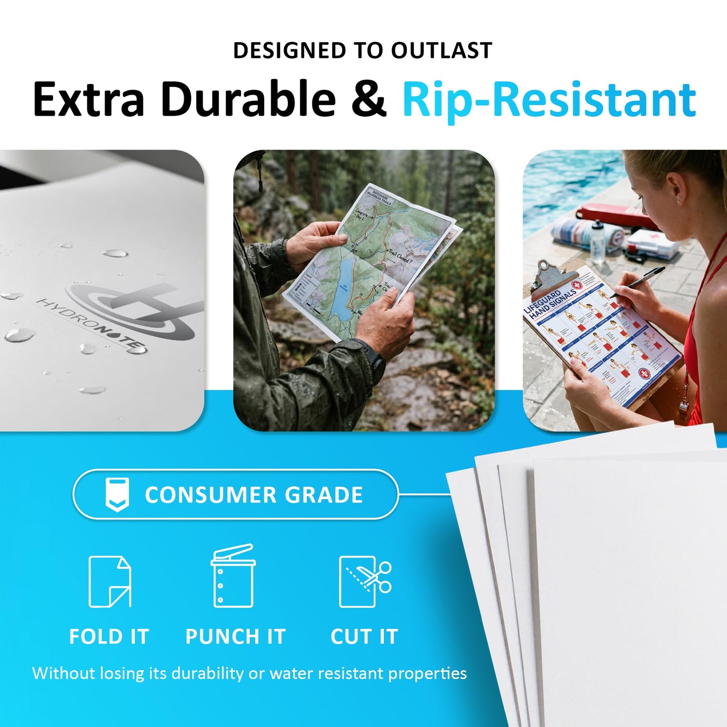 TerraSlate Waterproof Paper - Hydronote 54lb Multipurpose Copy Paper 8.5” x 11”, 100 Sheets, Inkjet Printer and Laser Printer Paper Compatible - Weather/Rain Proof, Durable, White Paper
