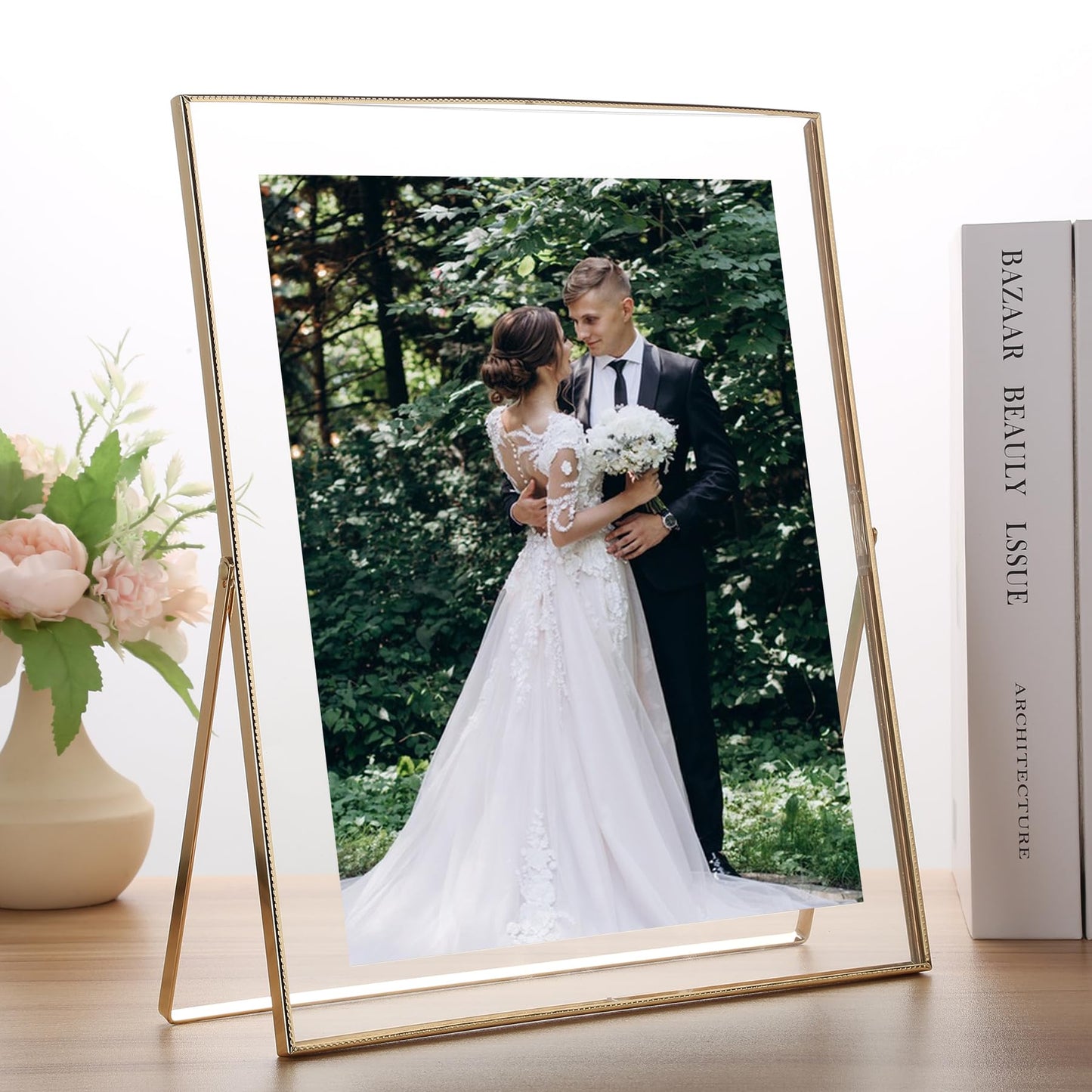 GorYeeFine Gold 10x12'' Floating Frame 2pack For Photo Sizes(8.5x11'',8x10'',7x9''),Beautiful Metal Beaded Edge 8x10'' floating picture Frames, Adjustable Tabletop/Shelf Photo Frame