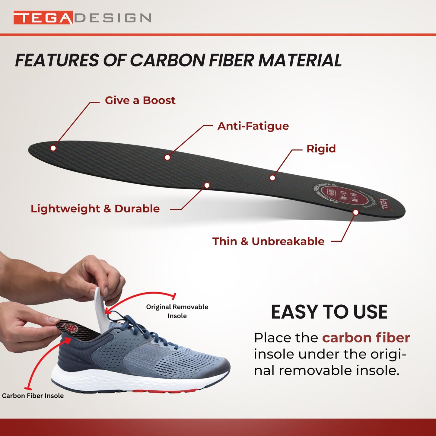 TEGA Carbon Fiber Insole (1 Pair) - for Turf Toe, Foot Fractures, Hallux Rigidus and Limitus - Rigid Shoe Insert for Sports, Hiking, Trekking, Basketball, Running - Alternative to Post Op Shoe (215mm)