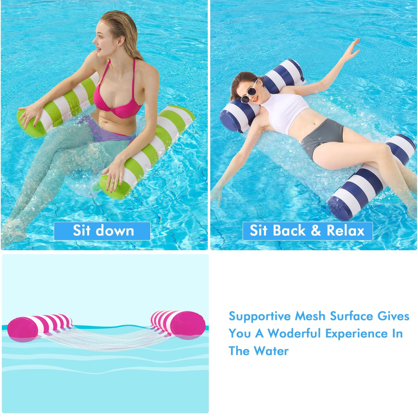 4 Pack Inflatable Pool Floats, OKSUWATER 4-in-1 Water Hammock, Pool Floats Adult Size for Swimming Pool Party Summer Lake Water Fun