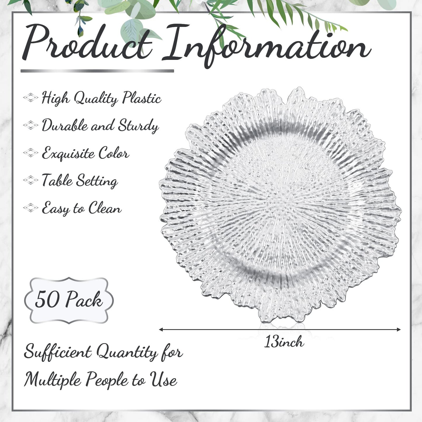 50 Pcs 13 Inch Charger Plates Bulk Plastic Plate Chargers with Floral Reef Design Round Ruffled Rim Dinner Charger Plates for Dinner Wedding Party Event Table Setting Decor (Silver)