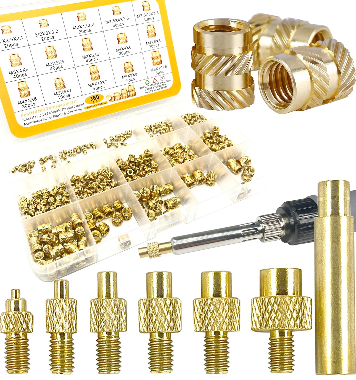 ERHT Heat Set Insert tip Tool Vertical Heat Pressing Machine Heat Brass Inserts 3D Printing and 360pcs Thread Knurled Nut M2 M2.5 M3 M4 M5 M6 (Heat Set Insert Tool)