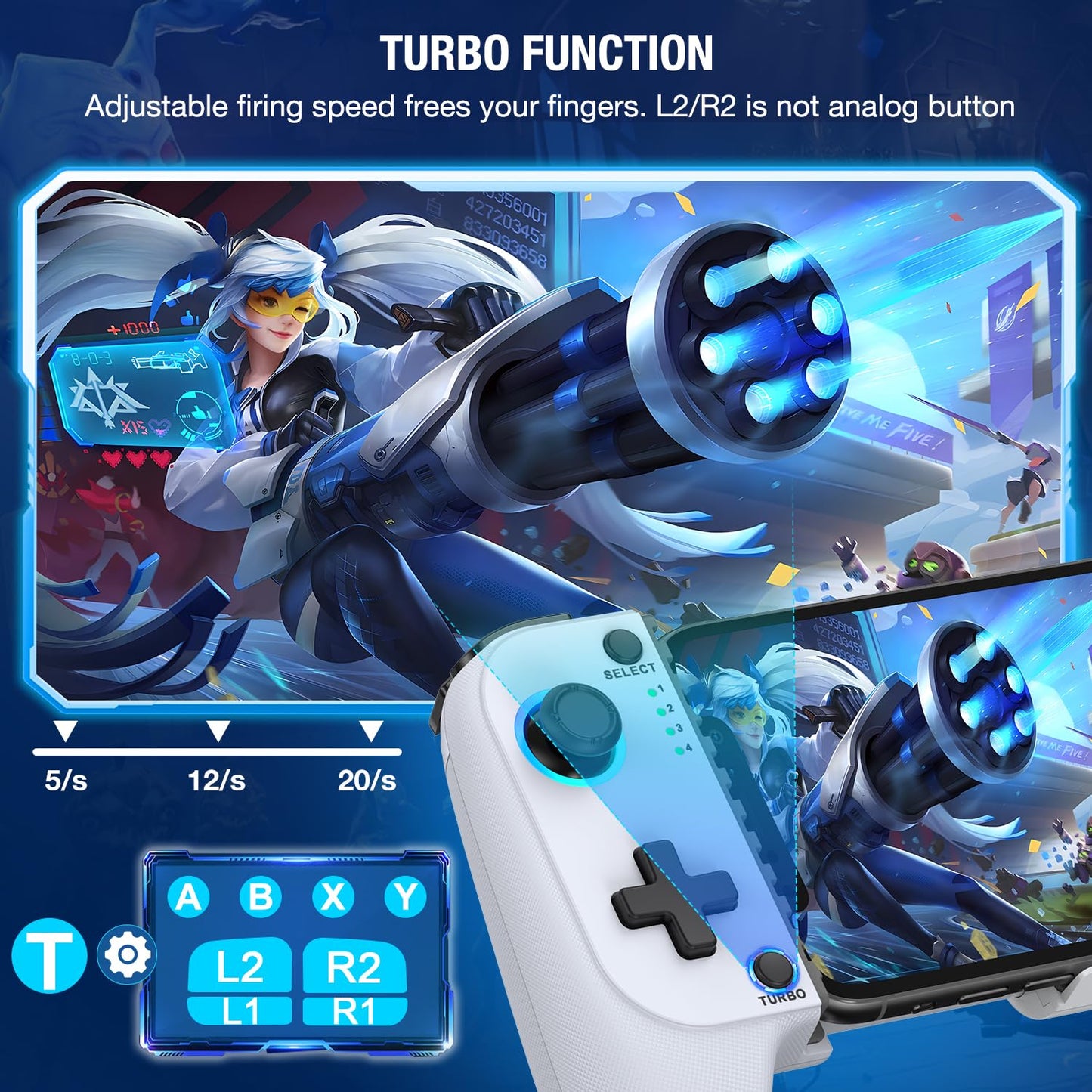 Mocagen Phone Controller for iPhone/Android Support Phone Case, Mobile Controller with Led Light, Upgraded Joysticks, Turbo, Thumb Grips Handheld Gaming Gamepad