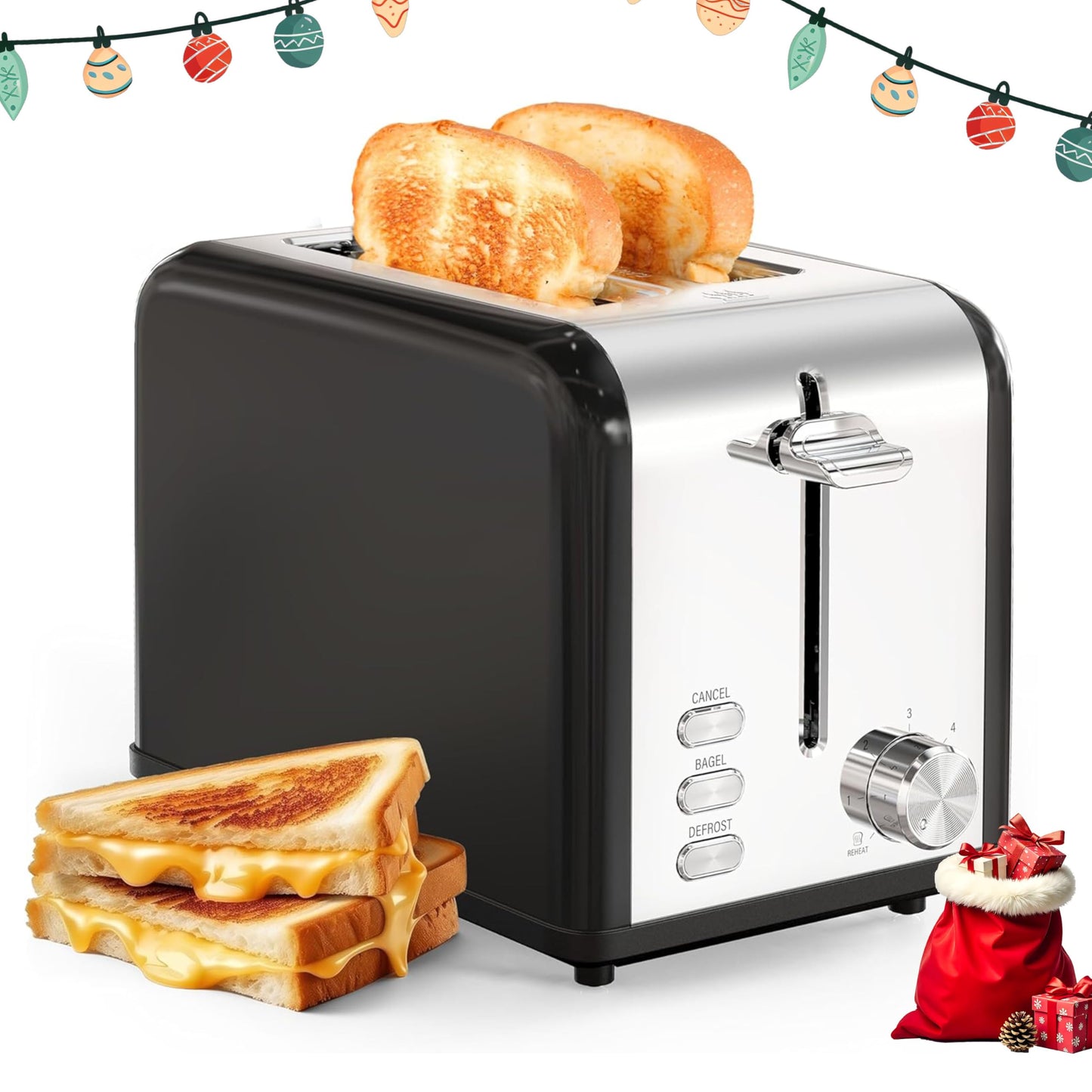 Simple Deluxe 2-Slice Toaster, Stainless Steel Toaster, 6 Browning Setting and 3 Function, Extra Wide Slot & Removable Crumb Tray, for Bread & Waffle, Black