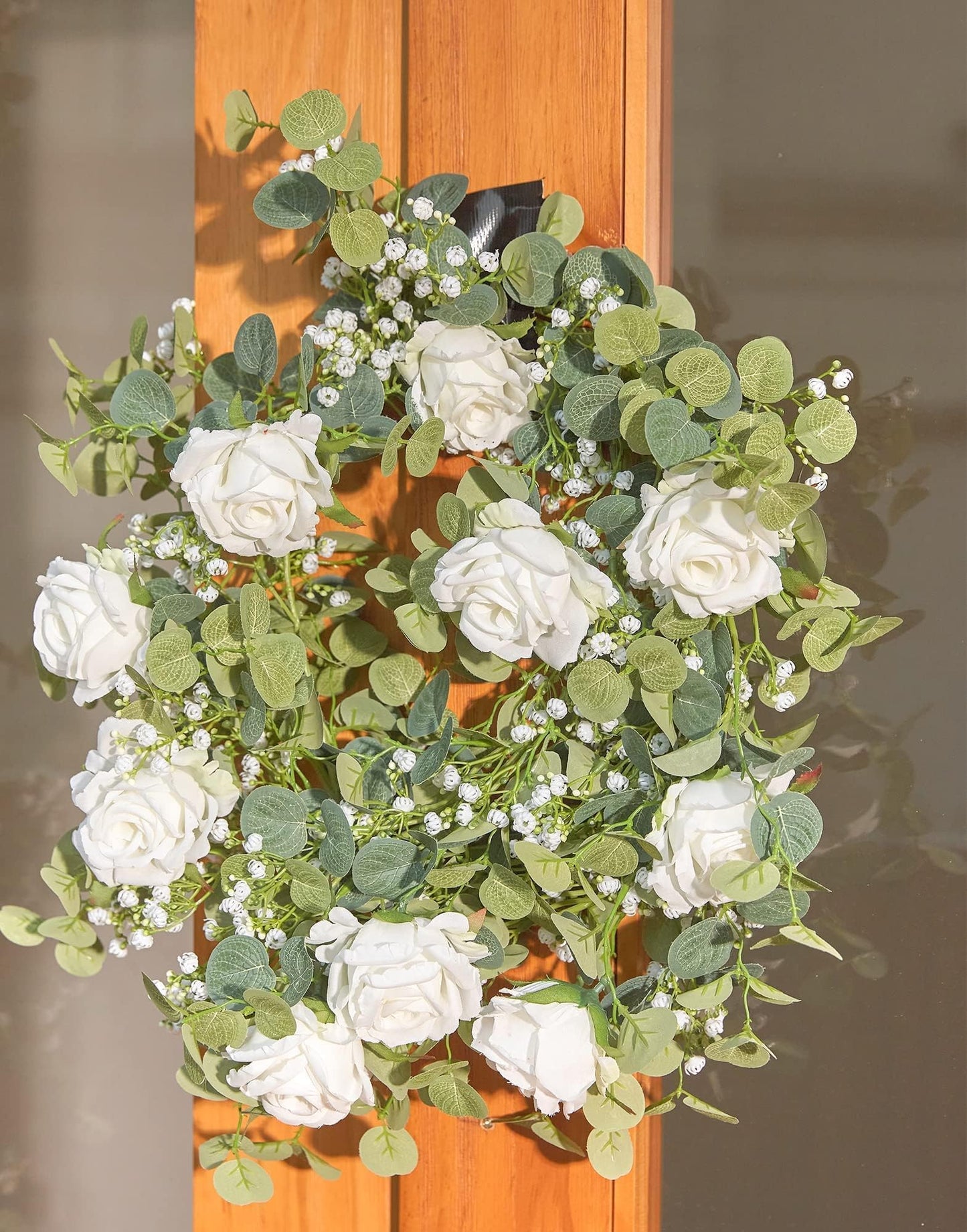 Anna's Whimsy 2PCS 5.91FT Artificial Eucalyptus Garland with Flowers, Fake Rose Gypsophila Garland, Faux Floral Greenery Garlands for Wedding Spring Home Party Table Runner Decor（White）