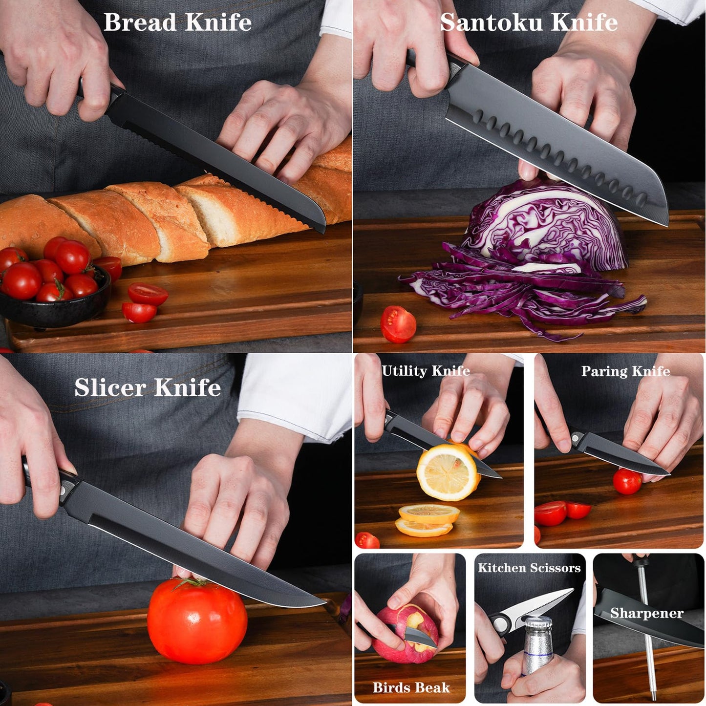 ANDONG 19-Piece Stainless Steel Kitchen Knife Set with Wooden Block & Sharpener - Chef Knives, Dishwasher Safe, Ergonomic Anti-slip Handle for Home Cooking,Black