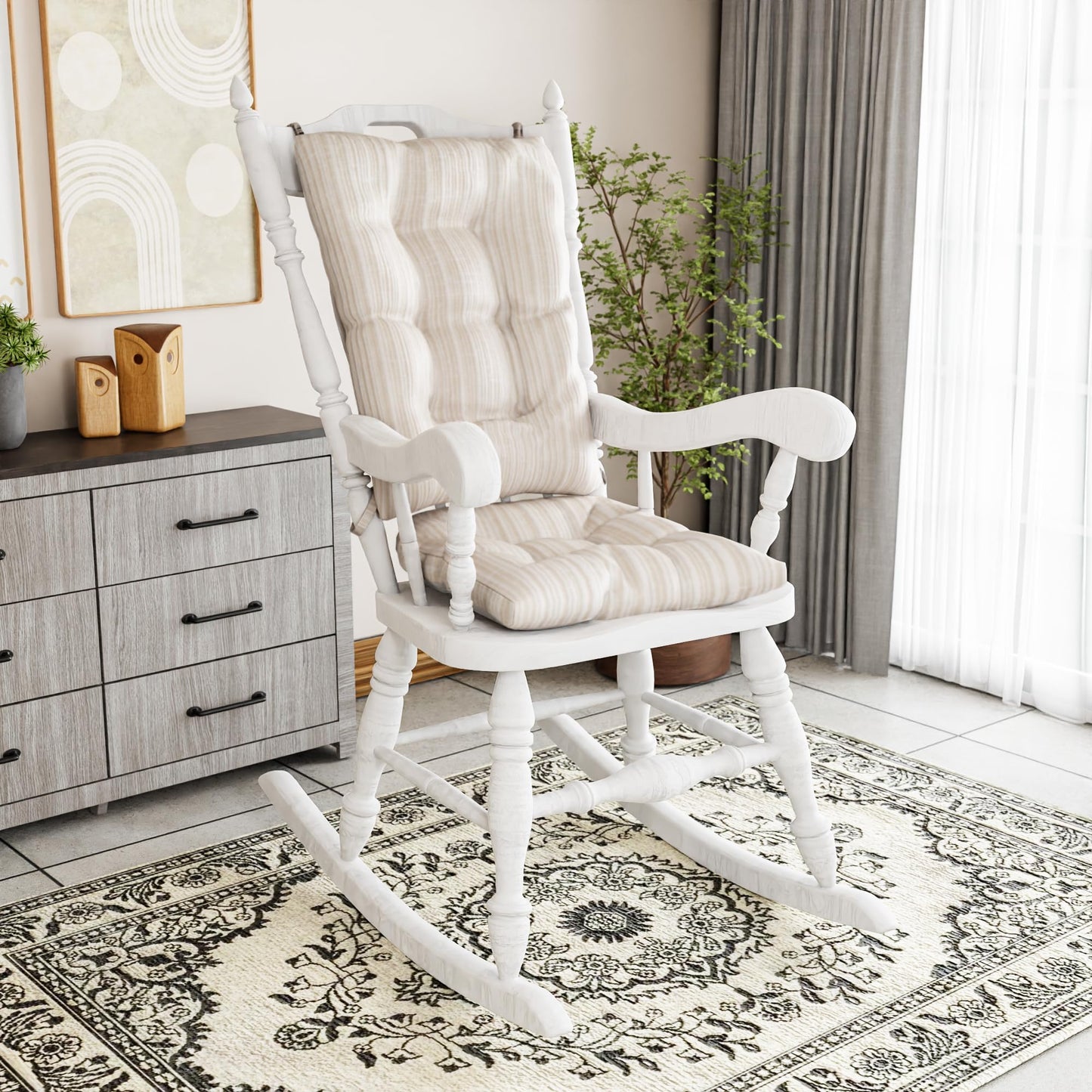 Klear Vu The Gripper Non-Slip Rocking Chair Cushion Thick, Includes Seat Pad & Back Pillow with Ties for Indoor Living Room Rocker, 17x17 Inches, 2 Piece Set, Cream