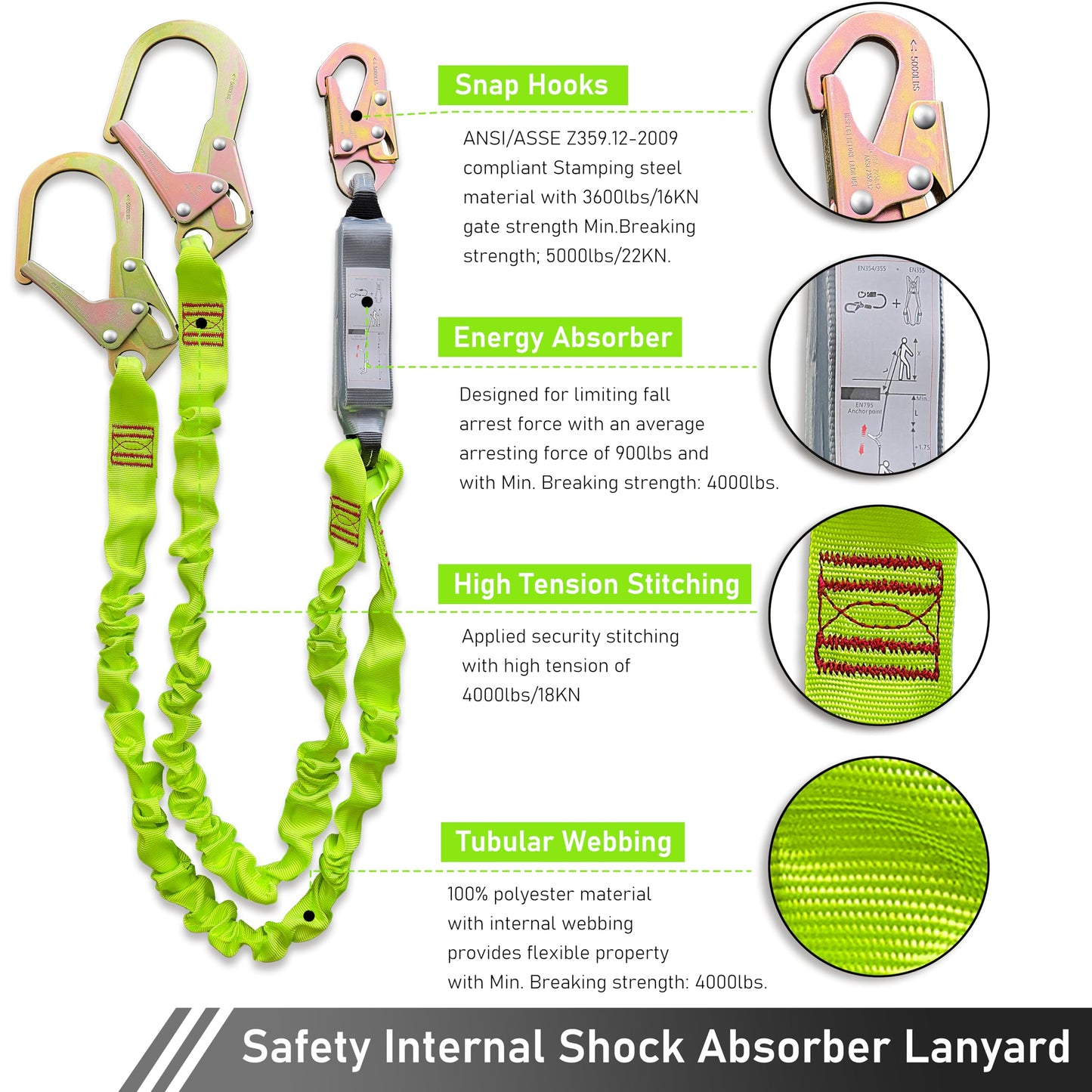 6FT Double Leg Internal Shock Absorbing Safety Fall Protection Lanyard with Dual Rebar & Snap Hook |Heavy-Duty Webbing | Roofer, Construction, Scaffolding | OSHA & ANSI Rated (A-Shock Absorbing)