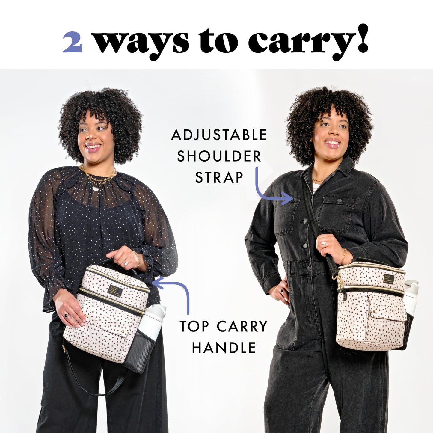 Fit & Fresh Westminster Dual-Compartment Insulated Lunch Bag for Women, Complete Lunch Set with 2 Containers, Double Deck Insulated Cooler Bag with Adjustable Strap, Black & White Polka Dots