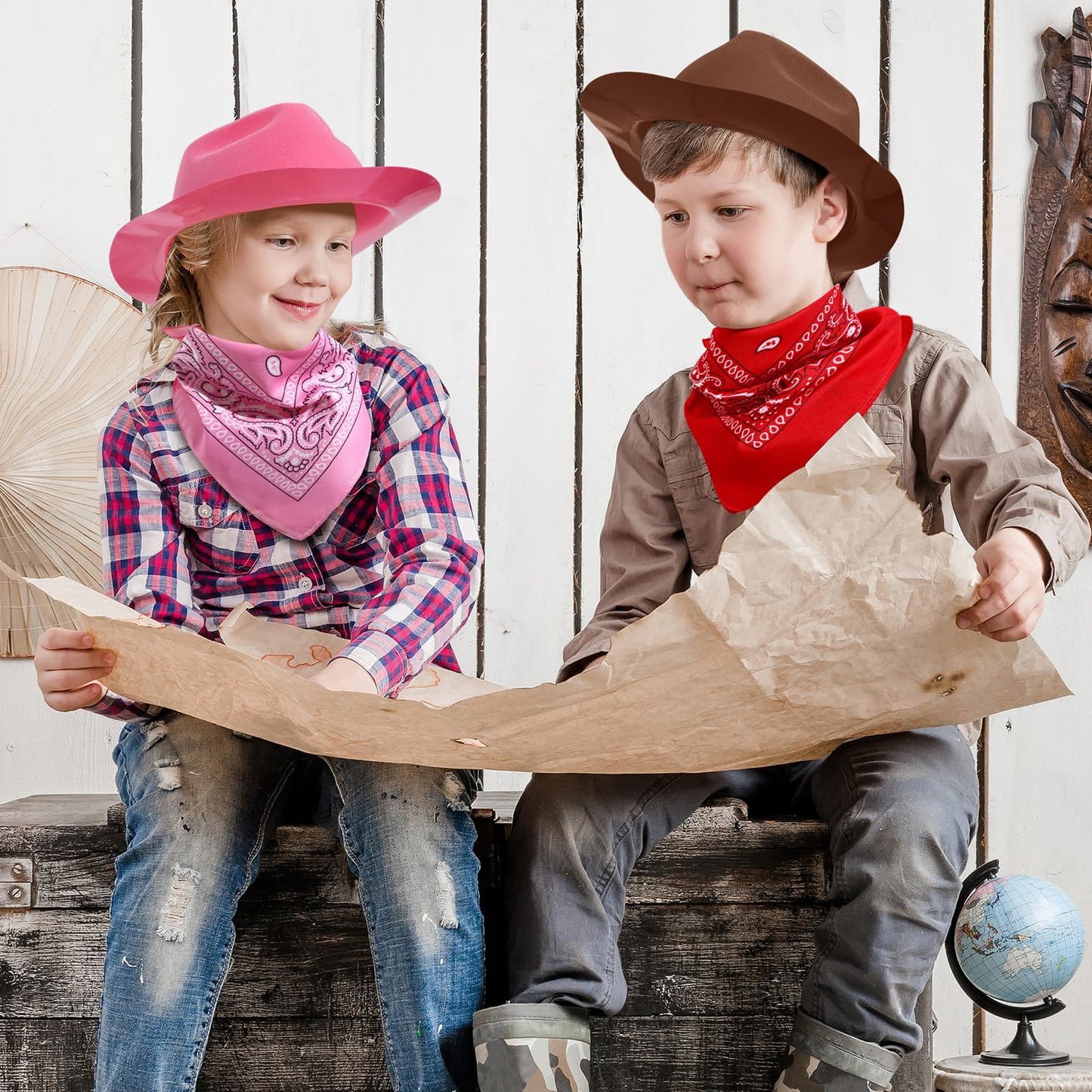 Hillban 72 Pack Cowboy Hat and Bandana Set, 36 Cowboy Hats 36 Cowboy Bandana Bulk for Fancy Dress Party Cosplay Costume (Brown, Pink)