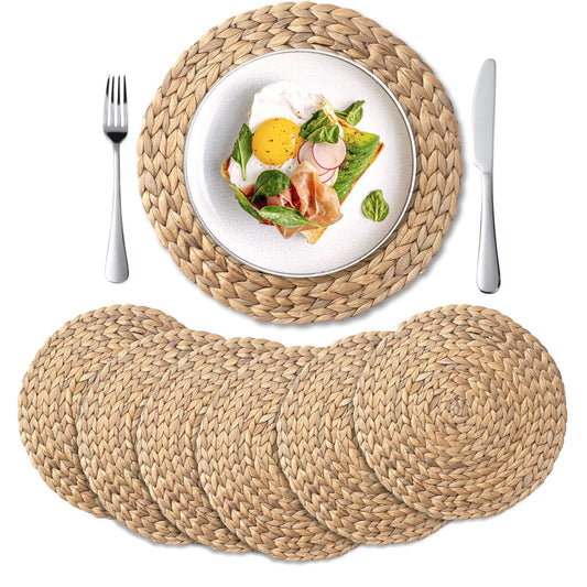 6 Pack, Round Woven Placemats, Natural Water Hyacinth Wicker Place mats, Braided Straw Table Mats for Dining Table, Fall, Halloween, Thanksgiving, Chrismats (13.8 inch)
