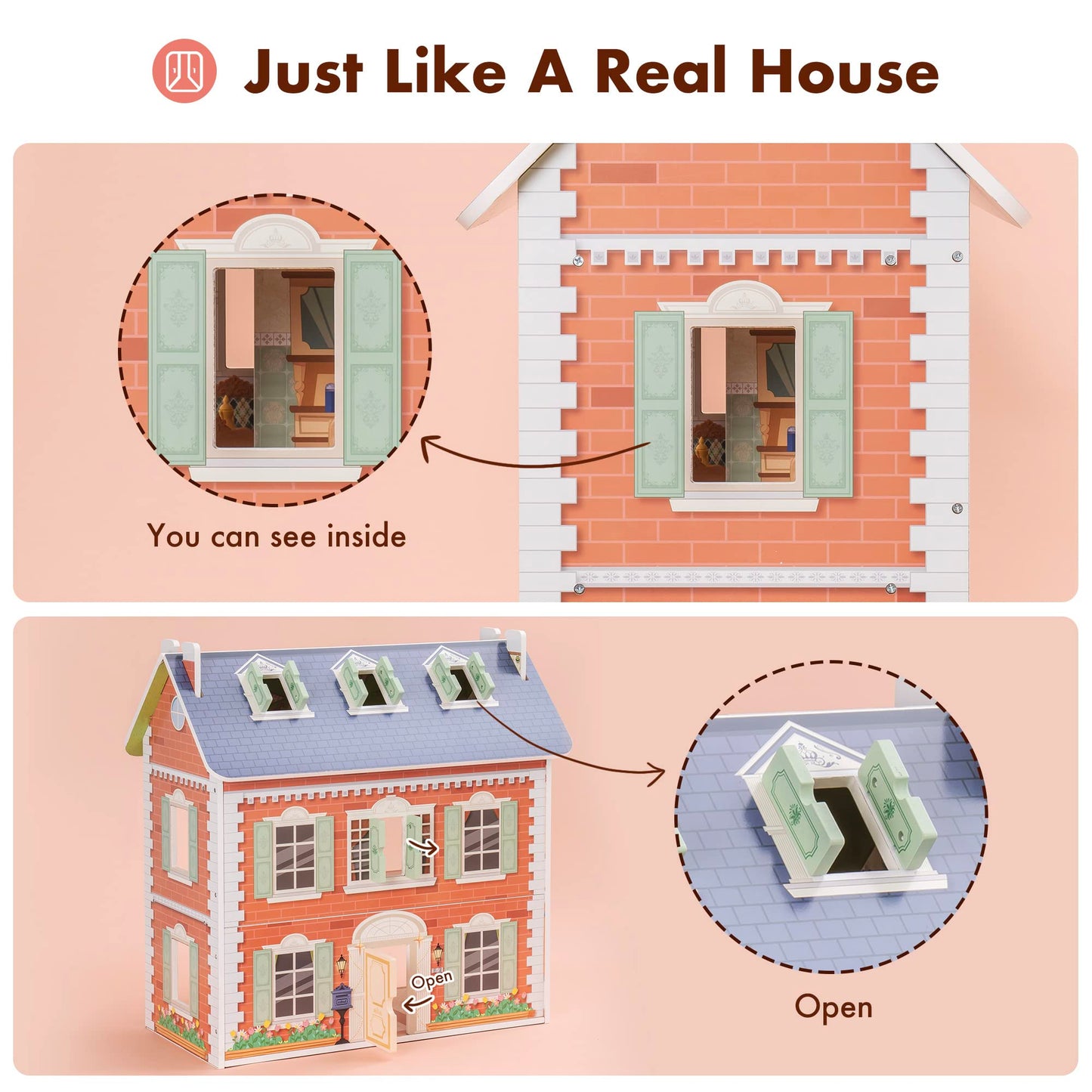 ROBUD Wooden Dollhouse for Kids Girls, Pretend Play Toy Gift for 3 4 5 6 Years Old Girls Boys