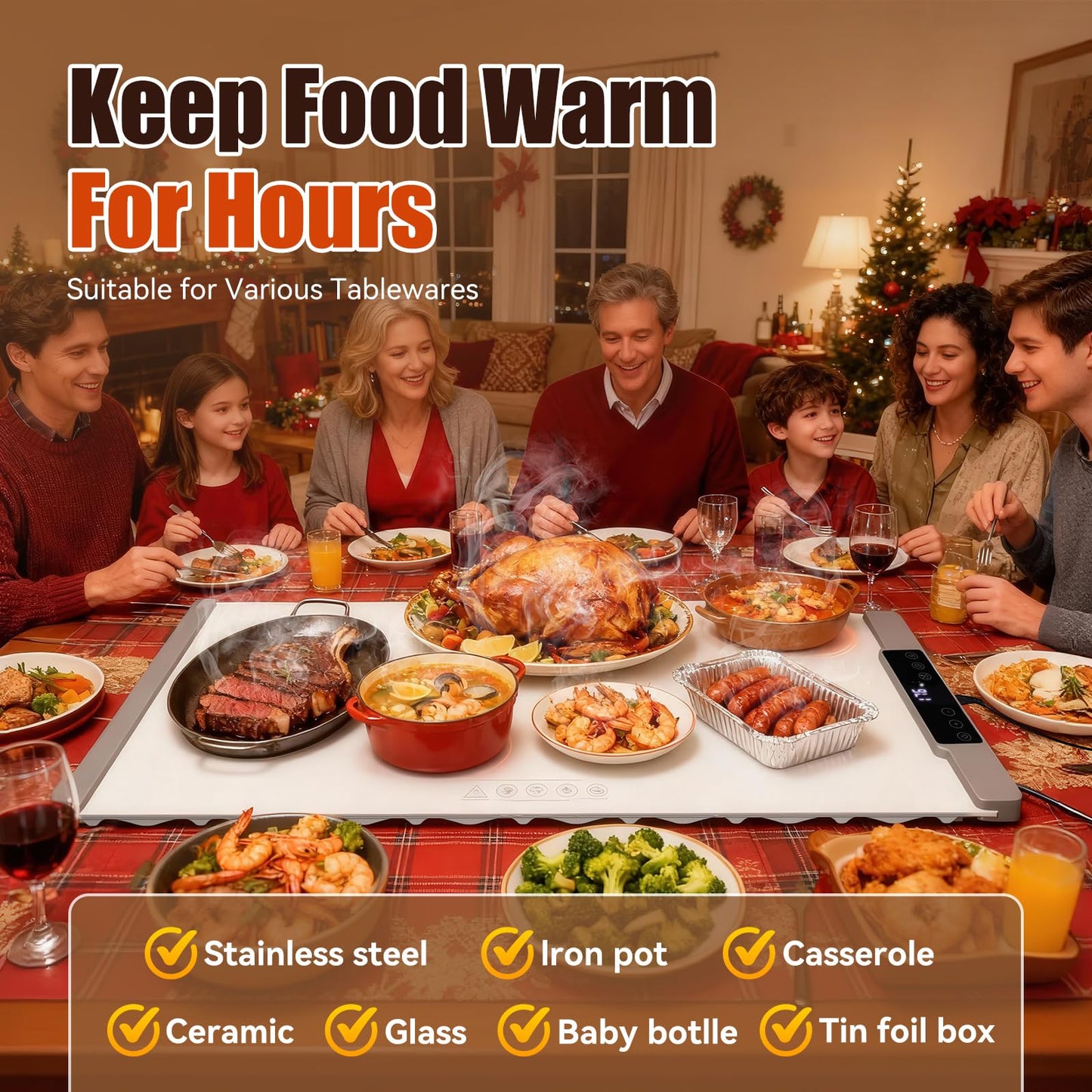Warming Mat for Food Extra Large 35.4”x13.4” 7 Temperature Settings Silicone Food Warming Mat Roll up Food Warmer with Full Surface Heating Warming Pad Electric Warming Tray for Buffets Party Home