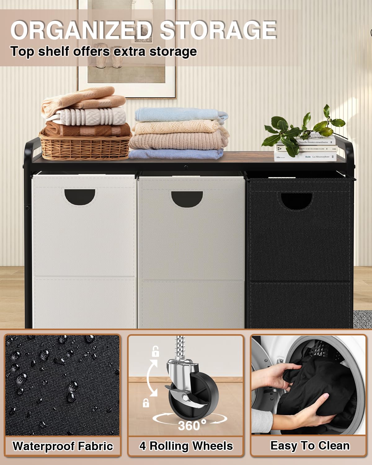 Laundry Sorter 3 Section,Laundry Basket with Wheels,3×15.8 Gal (60L) Laundry Hamper Organizer with Large Wooden Desktop Sorter,Pull-Out and Removable 900D Oxford Fabric Laundry Bags for Laundry Room