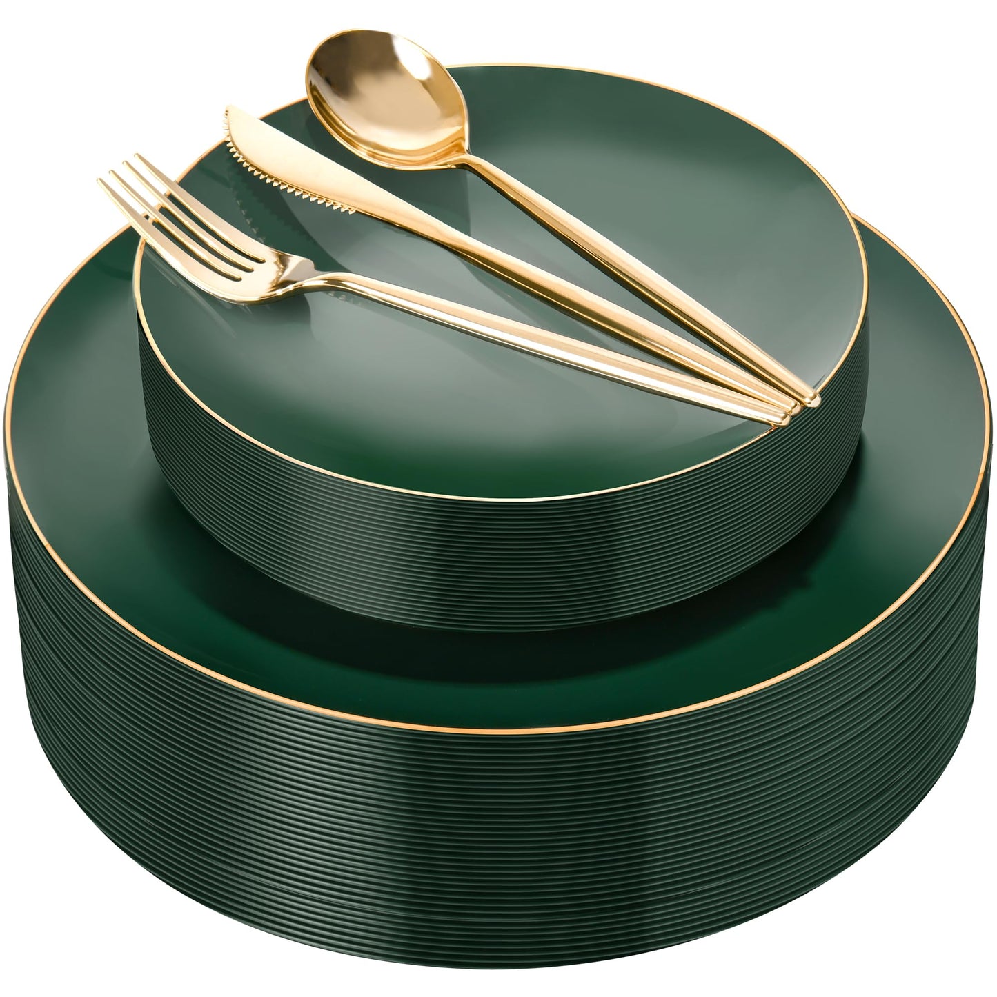 I00000 150Pcs Green Plastic Plates with Gold Rim, Fancy Disposable Plates,Green Plates Set include 30 Dinner Plate,30 Dessert Plate, 90 Plastic Silverware Set for Wedding&Party