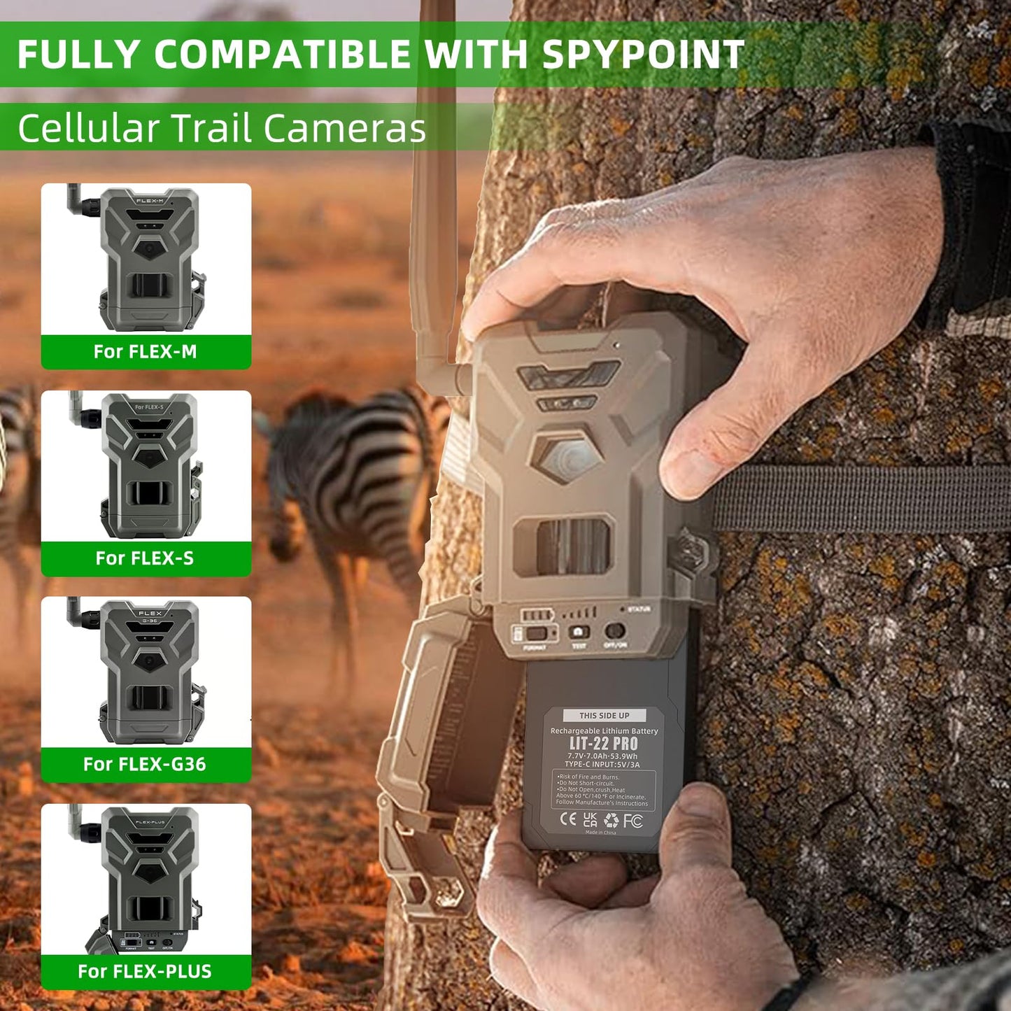 2 Pack Upgrade 7000mAh Lit-22 Rechargeable Lithium Battery for SPYPOINT Cellular Trail Cameras Flex-M, Flex-S, Flex-Plus, Flex-G36 with Type-C Charging Cable