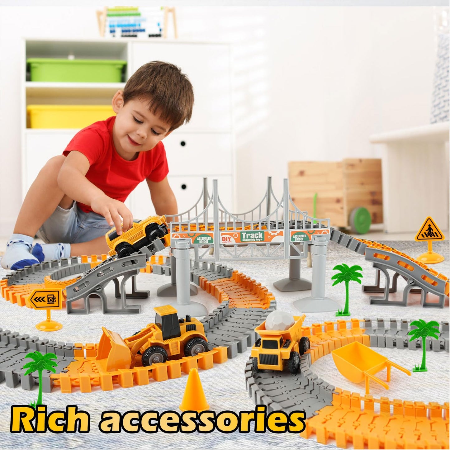 INSFUN Race Tracks Toys for Kids Ages 3-5 - Best Birthday Gifts for 3 4 5 6 7 Year Old Boys, 220+ PCS Playset with 4 Construction Cars, Toddler Toy for Creative Play