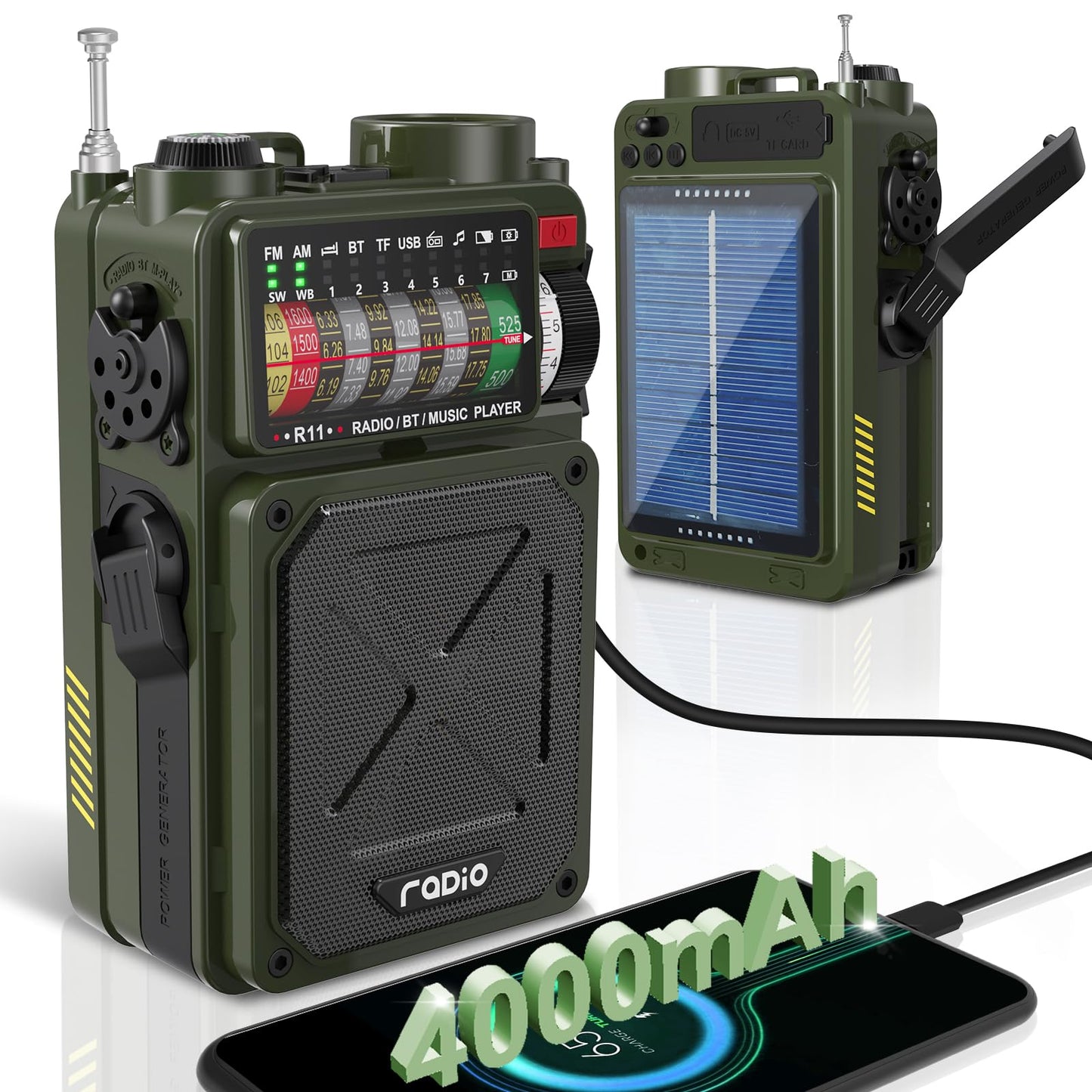 Emergency Crank Radio- Emgykit 4000mAh/14800mWh AM/FM/WB/SW/NOAA Weather Radio with Bluetooth,Flashlight,SOS Alarm, Powered by USB Charged,Hand Crank & Solar Power for Camping, Emergency