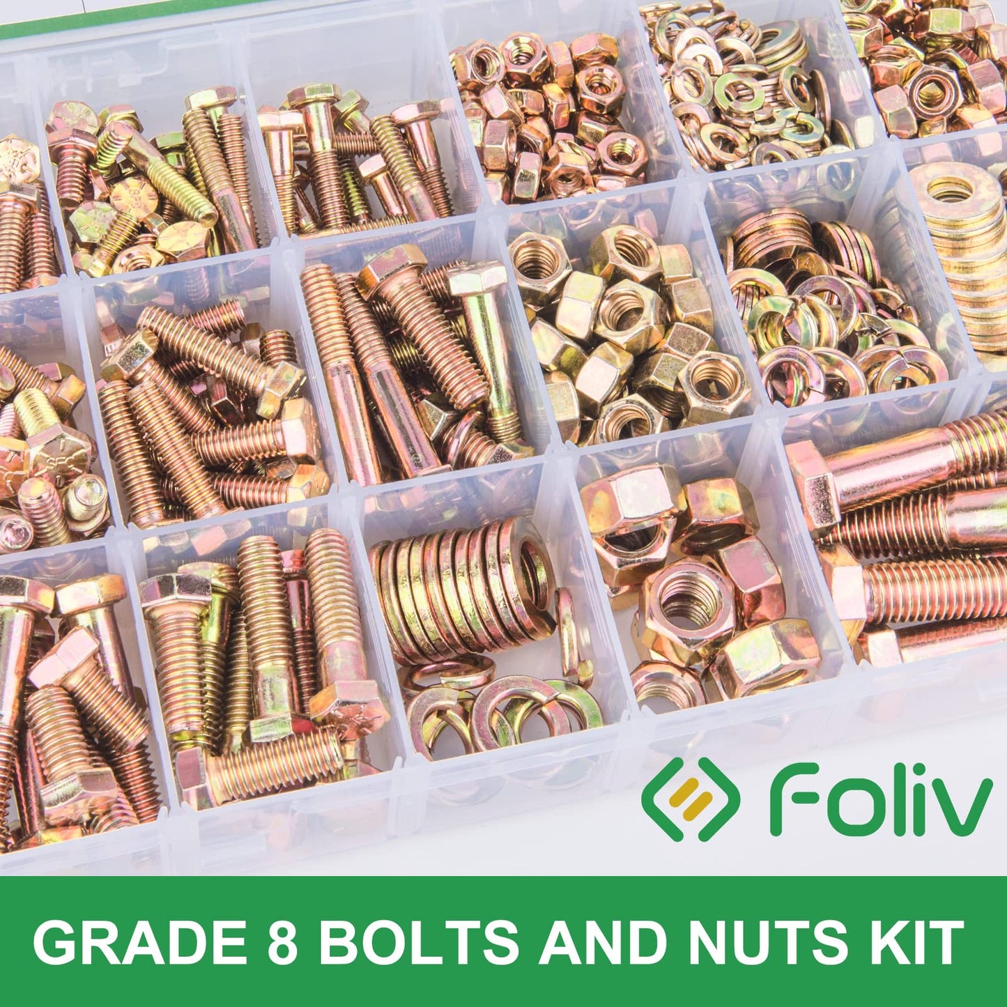 FOLIV 608pcs Grade 8 Bolts and Nuts Assortment Kit, 1/4-20, 5/16-18, 3/8-16, 1/2-13 Heavy Duty Hex SAE Bolts Nuts Washers Assortment Kit